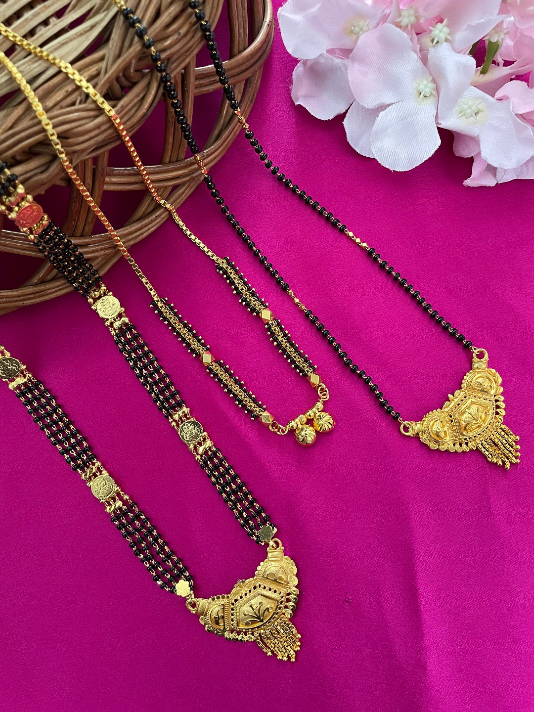 Combo Offer (Set of 3) Gold-Plated Black Beads Long Mangalsutra | Short Two Vati Pendant Necklace