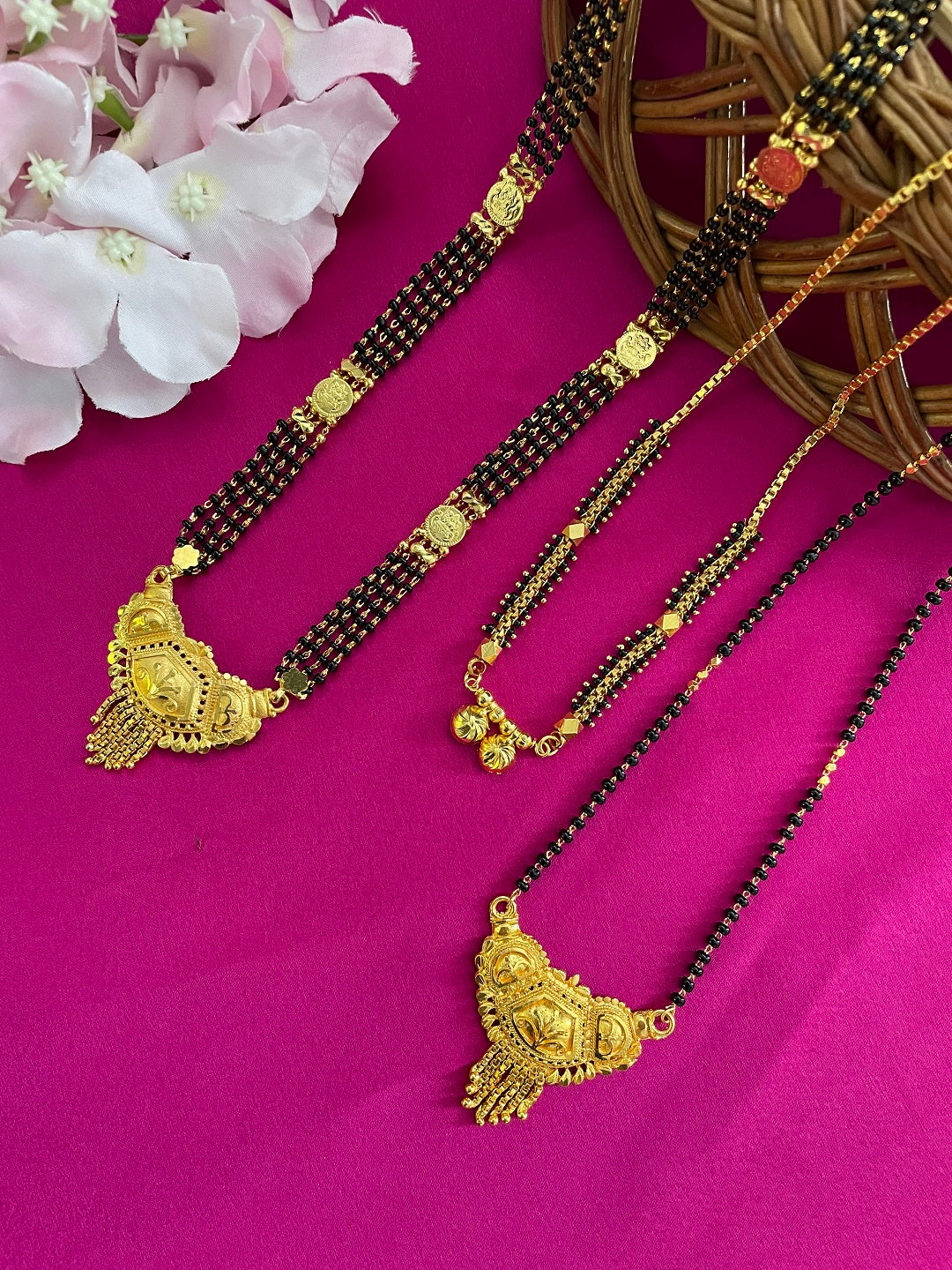 Combo Offer (Set of 3) Gold-Plated Black Beads Long Mangalsutra | Short Two Vati Pendant Necklace
