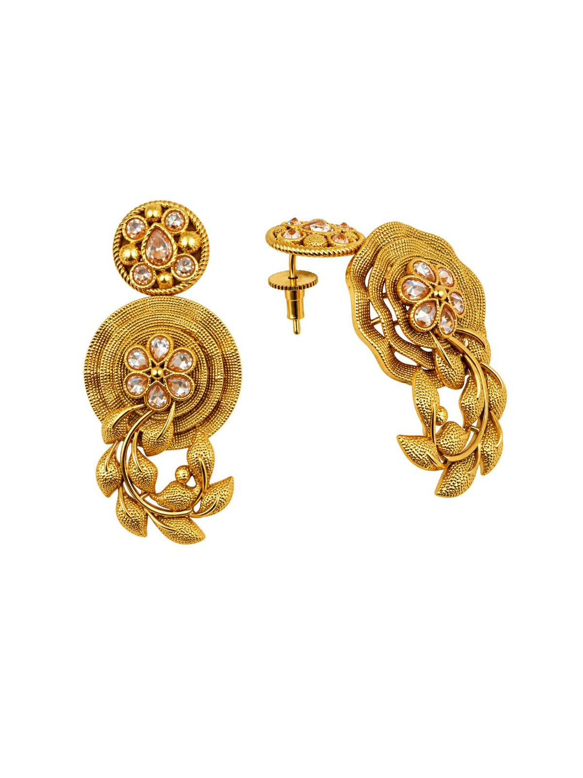 Gold Tone Floral Dangle Earrings with Clear Stones