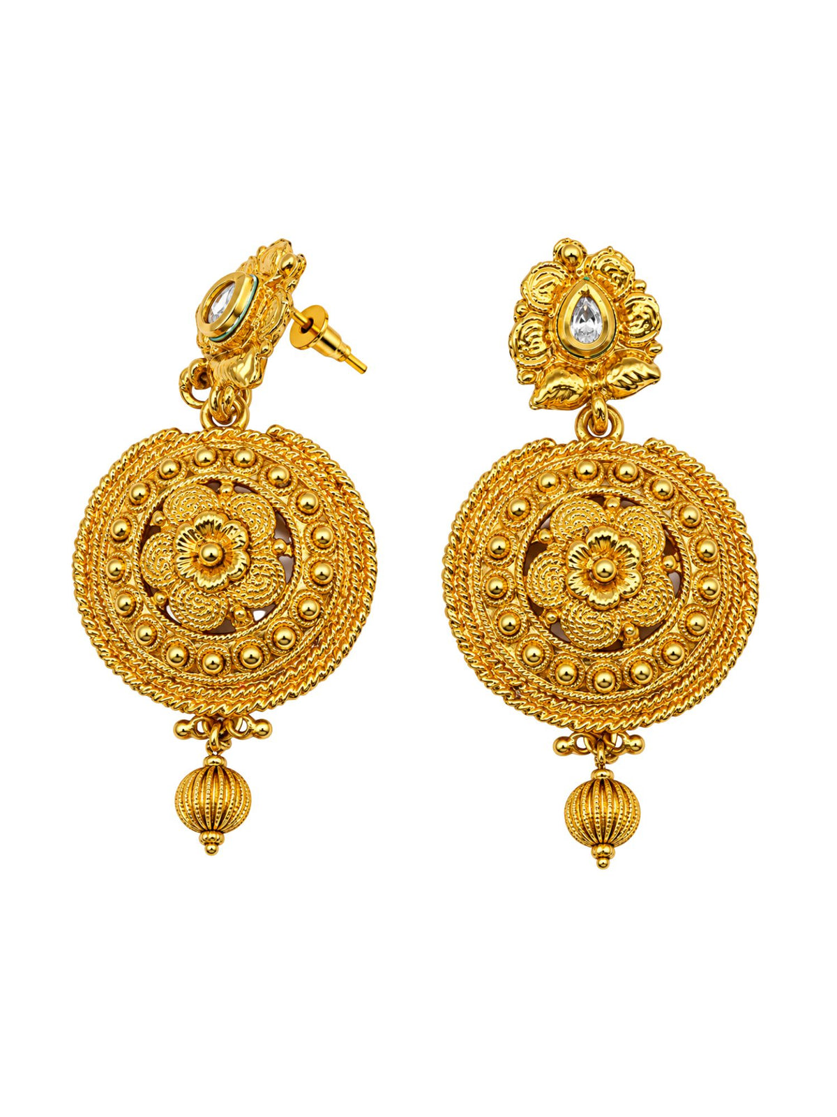 Gold Tone Round Floral Drop Earrings and Bead Drop
