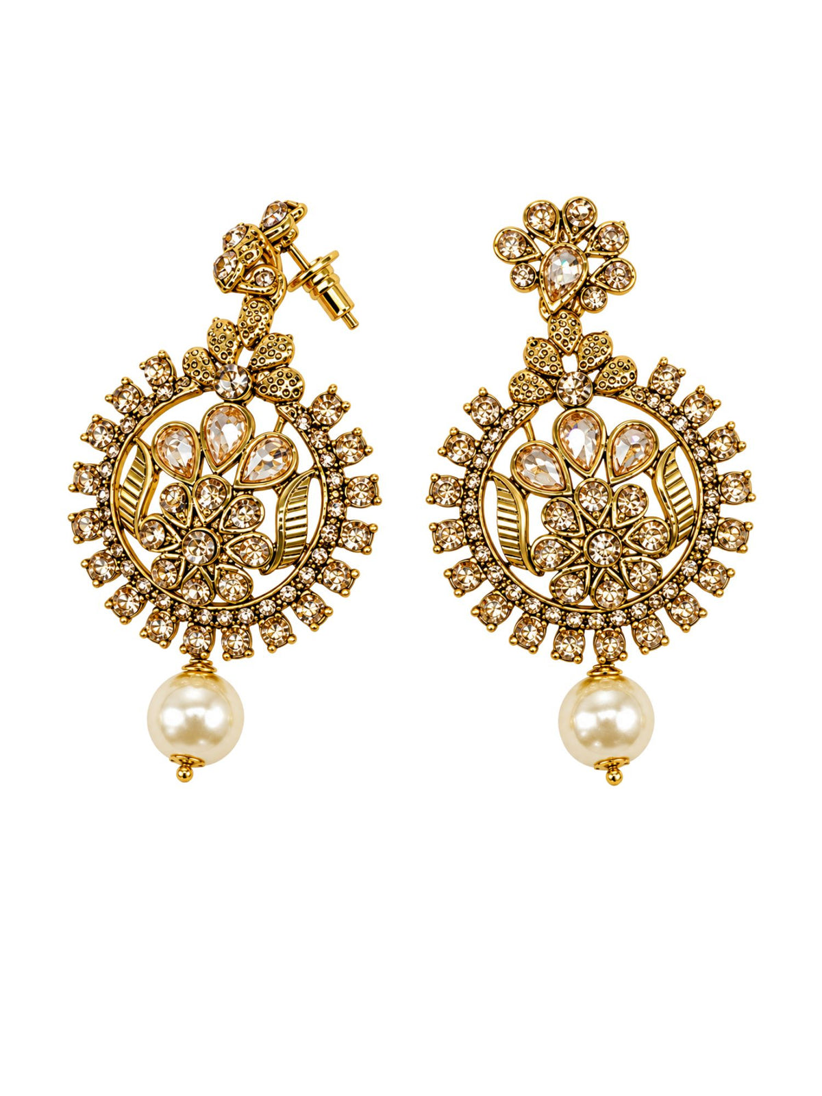 Gold Tone Floral Crystal Earrings with Pearl Drops