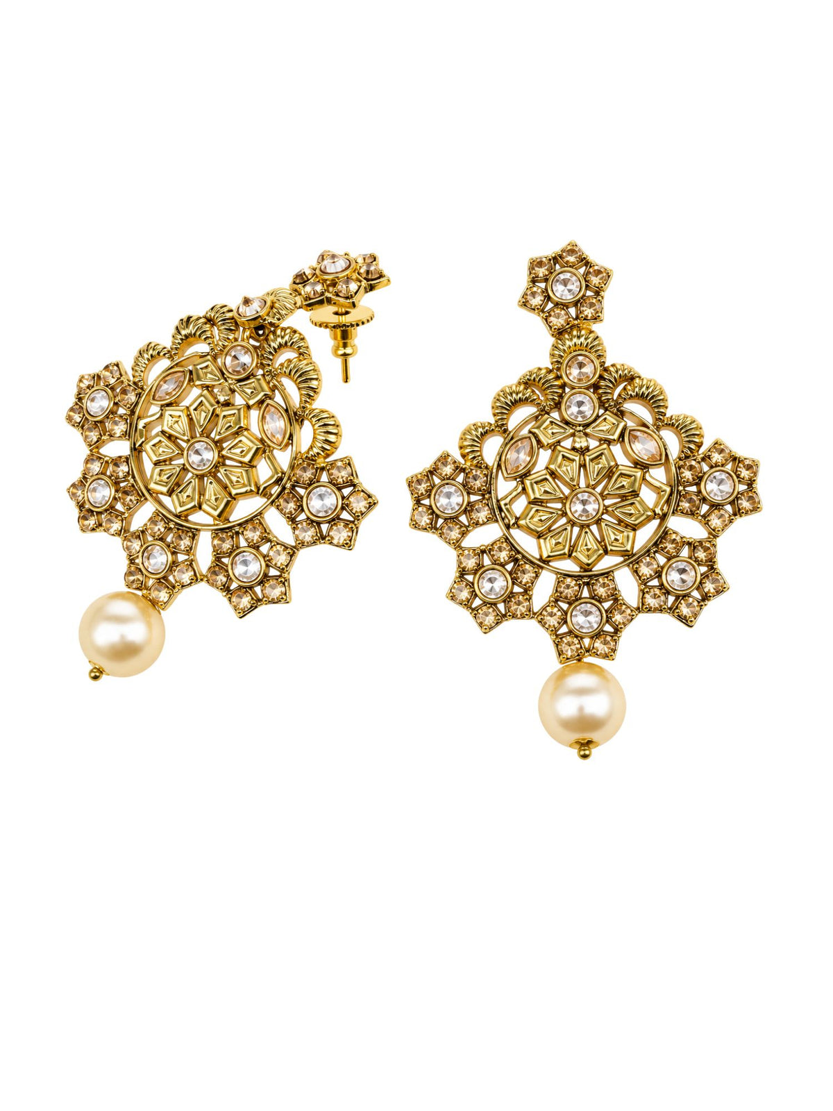 Gold Tone Floral Stone Earrings with Pearl Droplet
