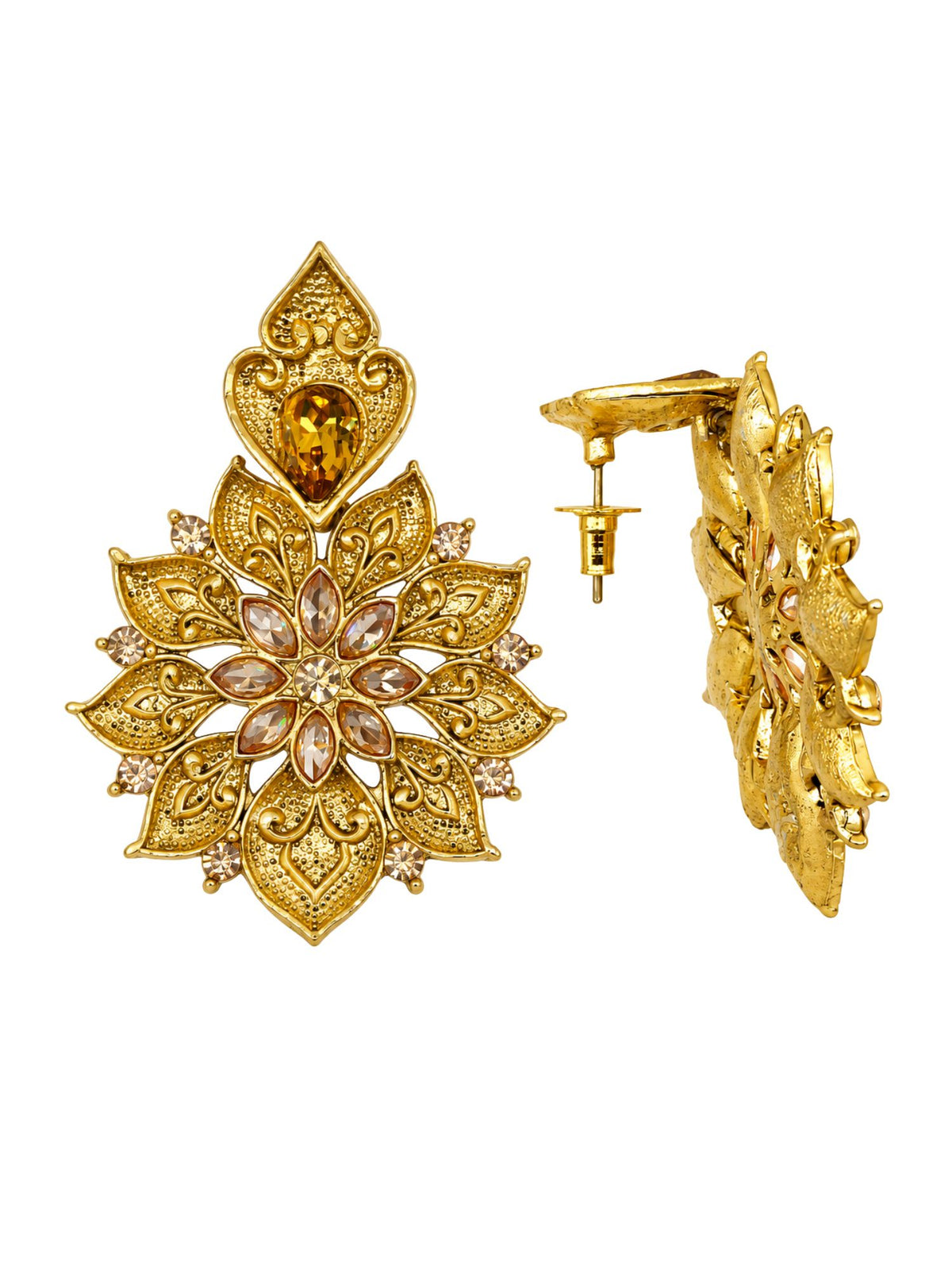 Gold Tone Floral Earrings with Amber & Clear Stone
