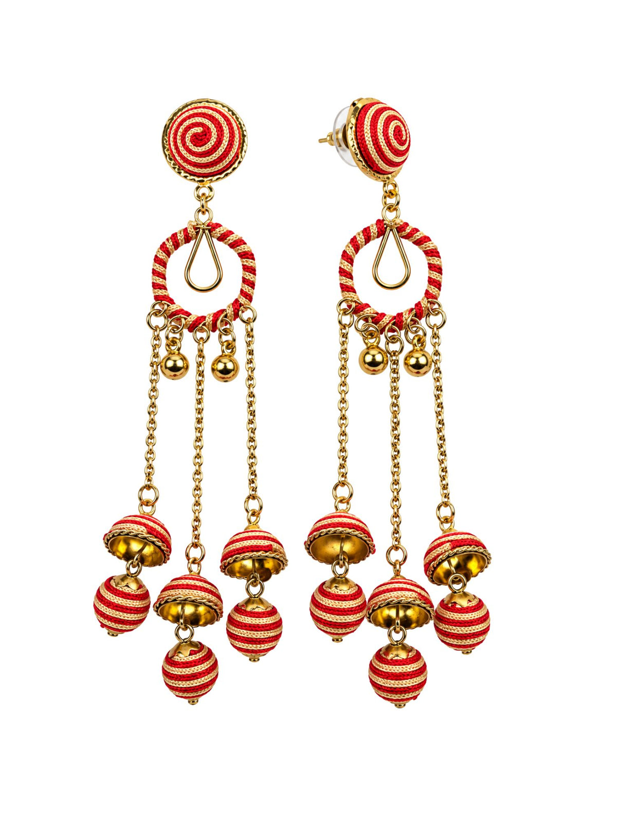 Red and Gold Thread Wrapped Triple Jhumka Earrings