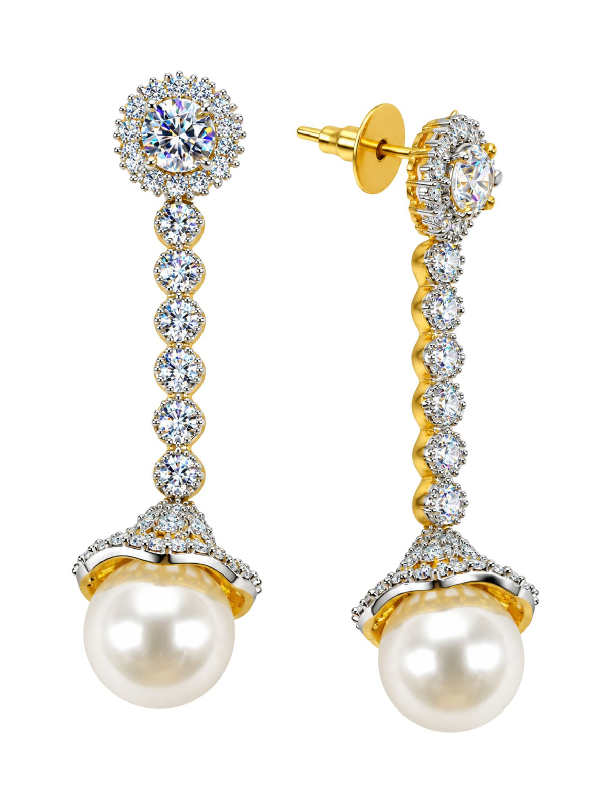Clear Stone Pearl Drop Earrings with Halo Stud Top