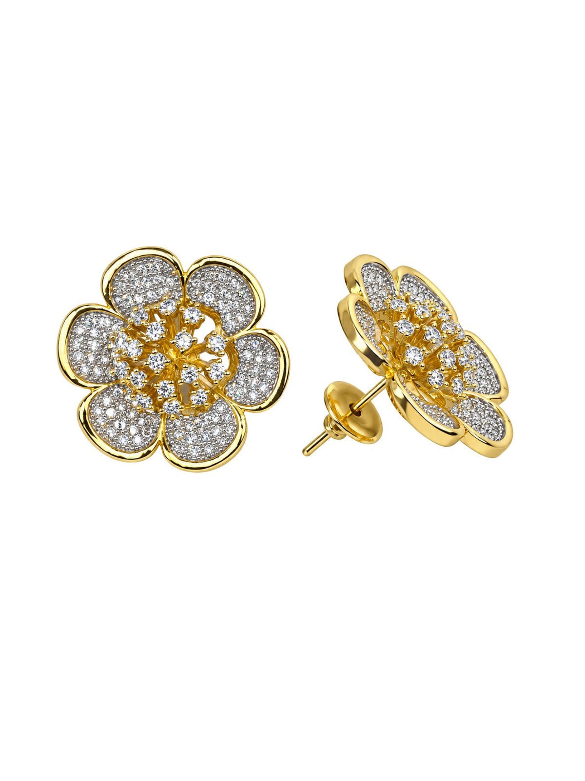 Gold Tone Floral Stud Earrings with Crystal Stones