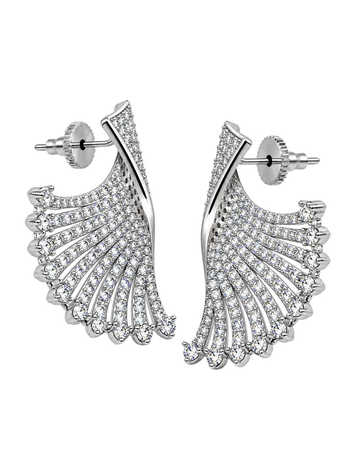 Silver Tone Clear Stone Fanned Style Stud Earrings