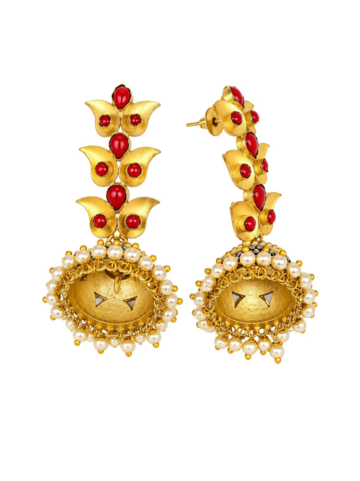 Gold Tone Red Jhumka Earrings with Pearl Drop Trim