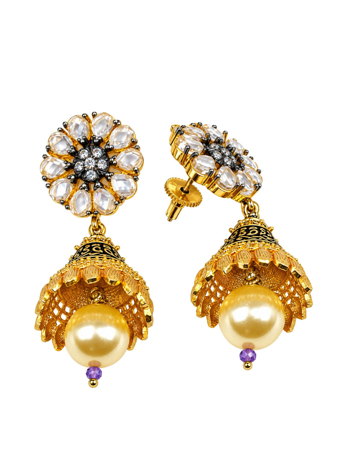 Gold Tone Pearl Drops Floral Jhumka Earrings