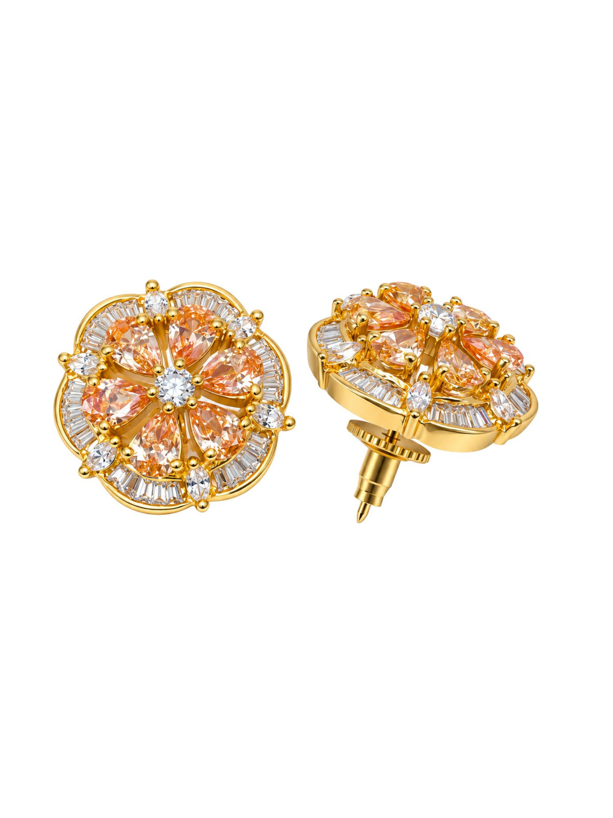 Gold Tone Champagne Stone Floral Stud Earrings Set