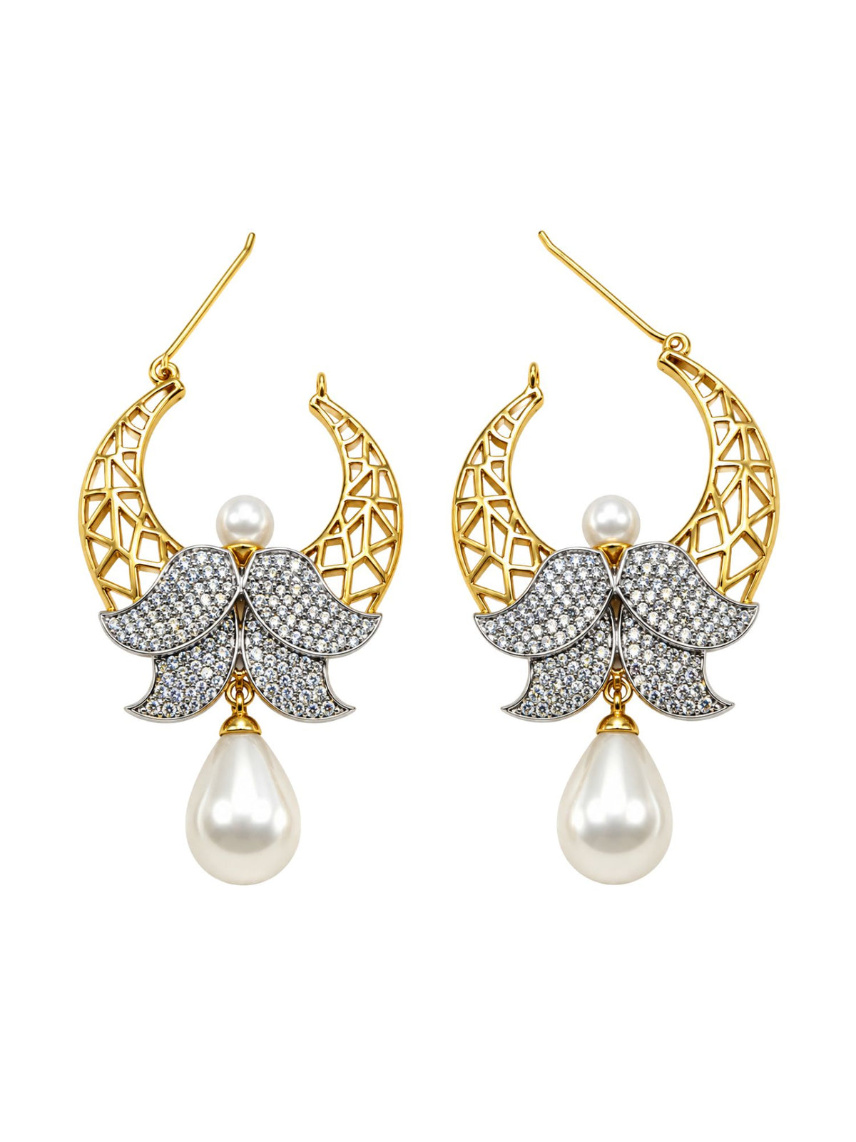 Gold Tone Hoop Earrings with Stone and Pearl Drops
