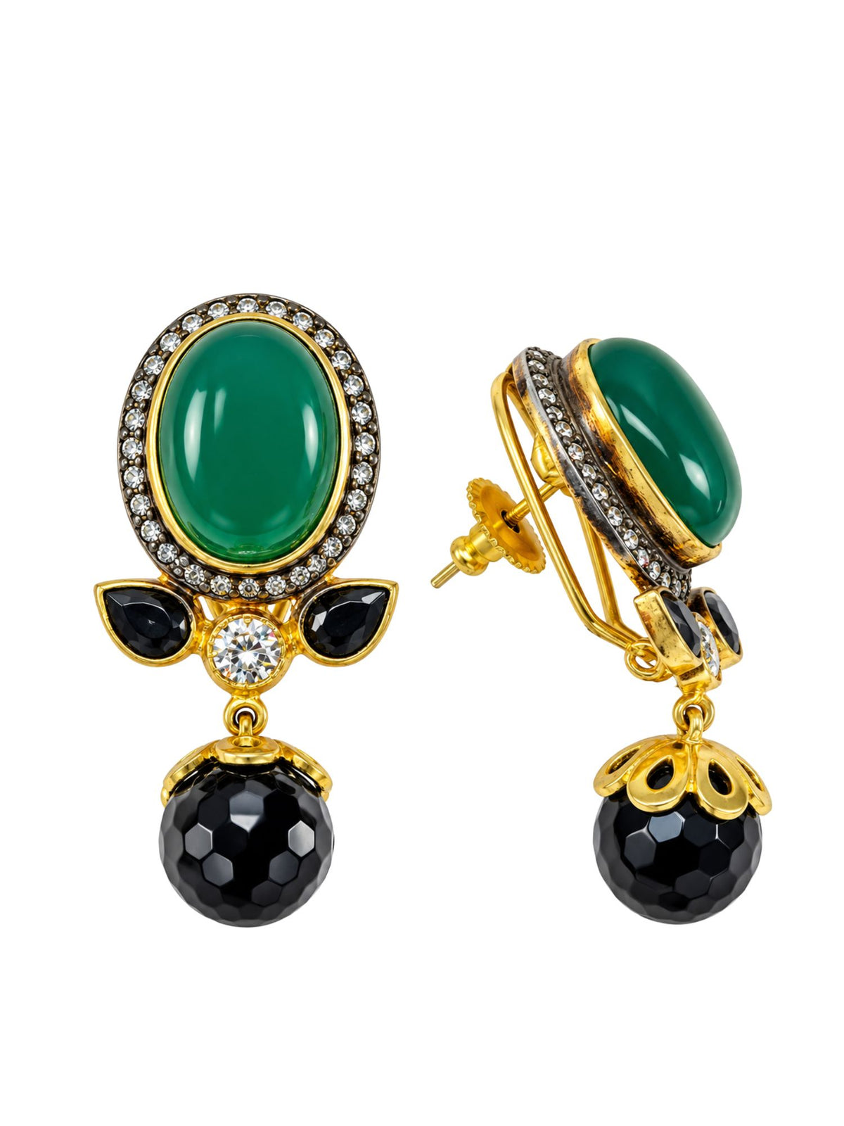 Green Stone Diamond Drop Earrings with Black Beads
