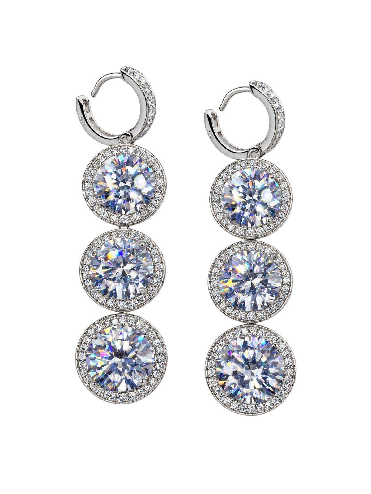 Silver Toned Triple Round Halo Stone Drop Earrings