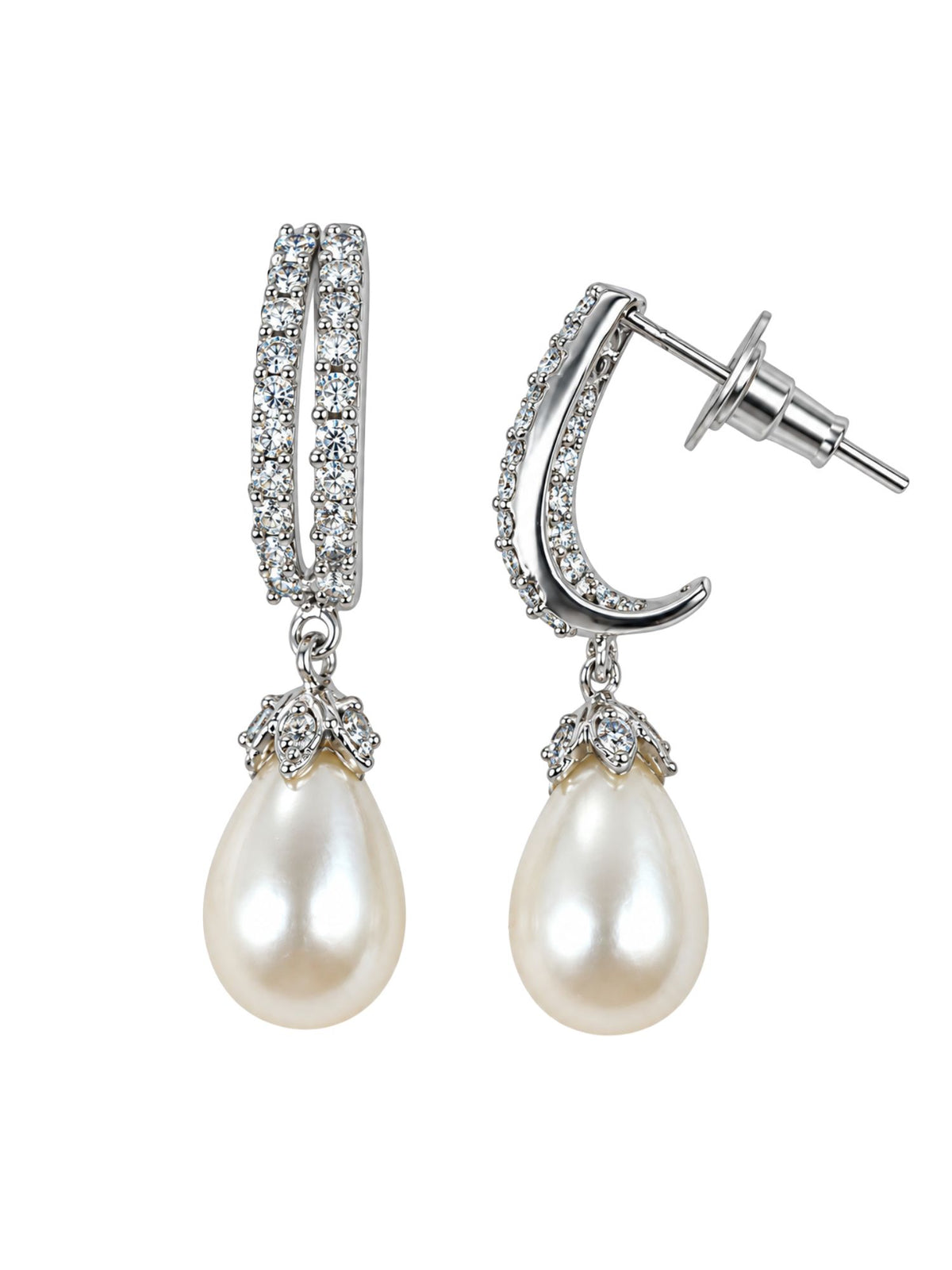 Silver Tone Diamond Look Pearl Drop Hoop Earrings