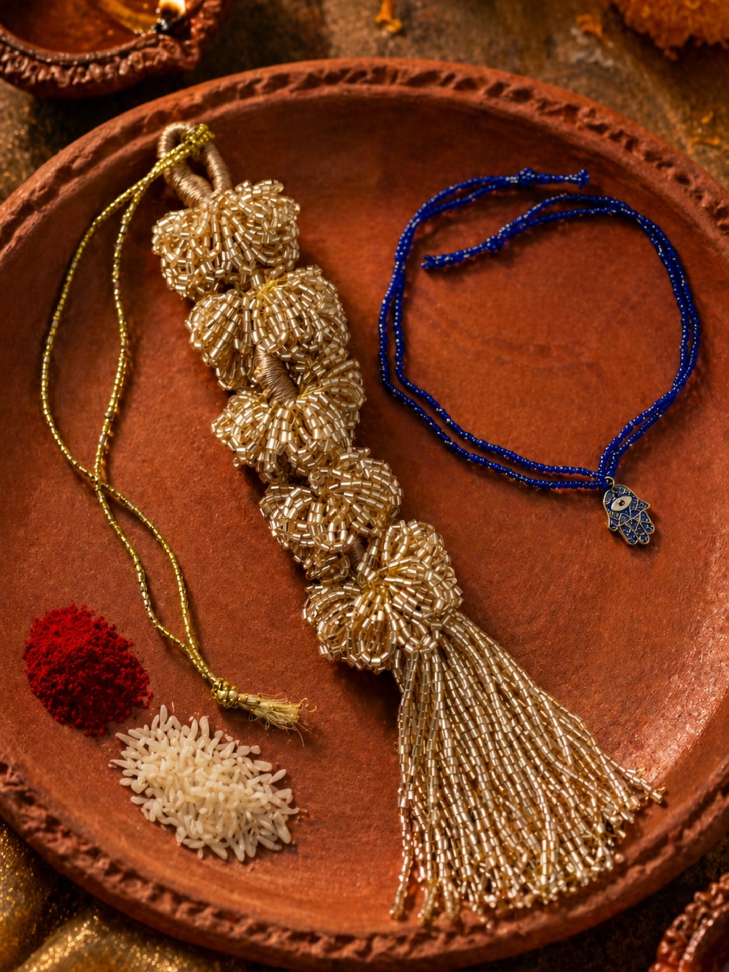 (Set of 2) Beaded Tassel Evil Eye Hamsa Lumba Rakhi Pair