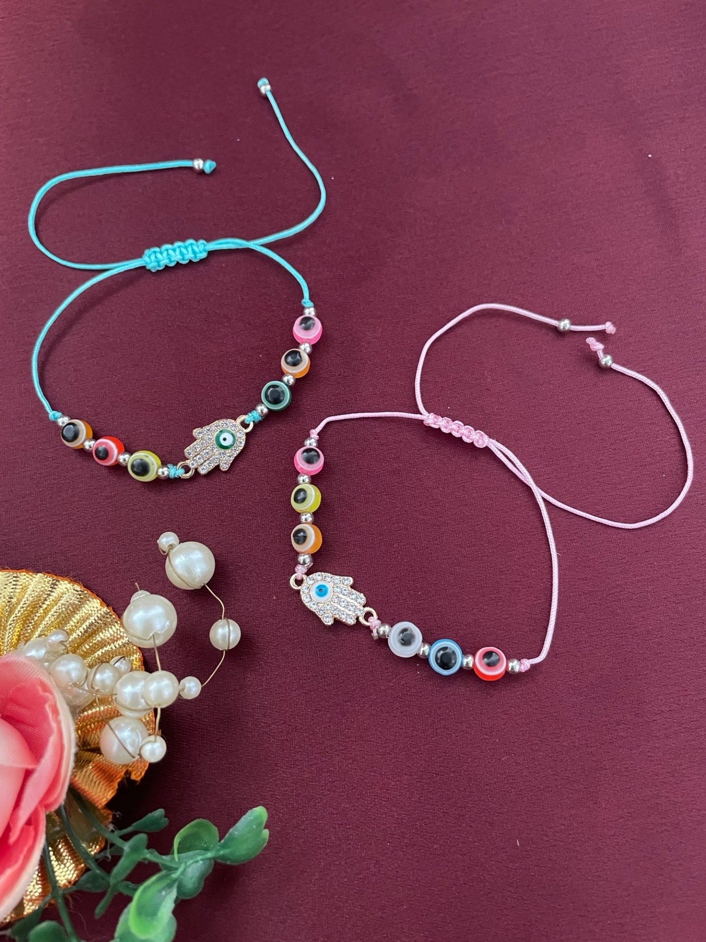 (SET OF 2) Hamsa & Multicolor Evil Eye Rakhi Bracelet for Raksha Bandhan