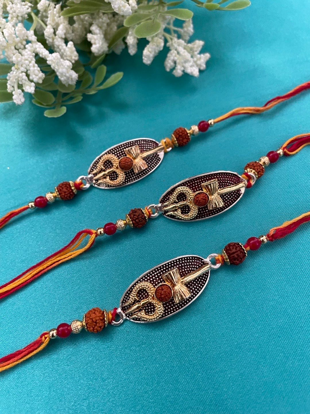 (COMBO OF 3) Trishul & Small Rudraksh Rakhi Bracelet for Raksha Bandhan