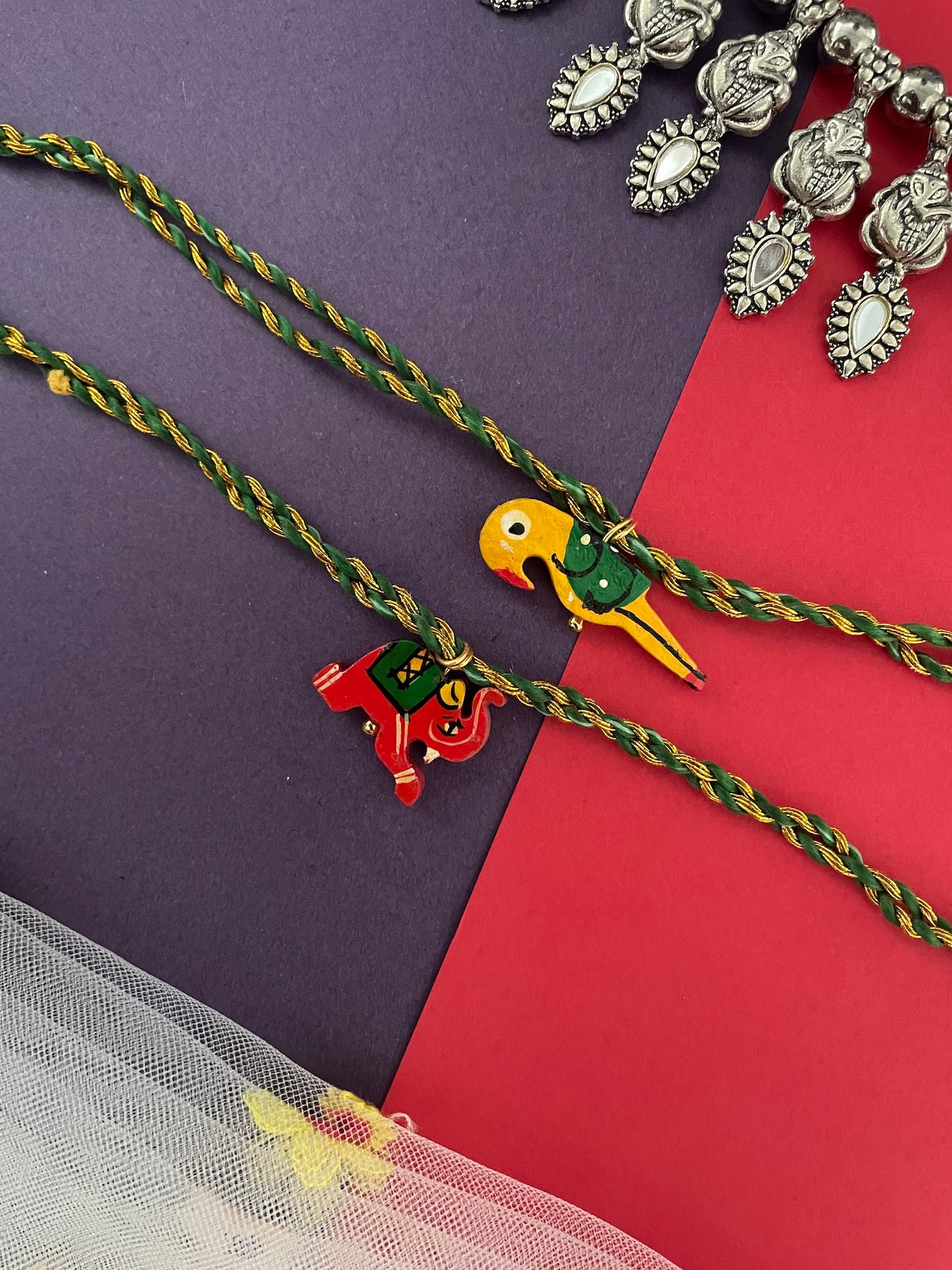 (Set of 2) Wooden Parrot/Elephant Kids Rakhi Lumba