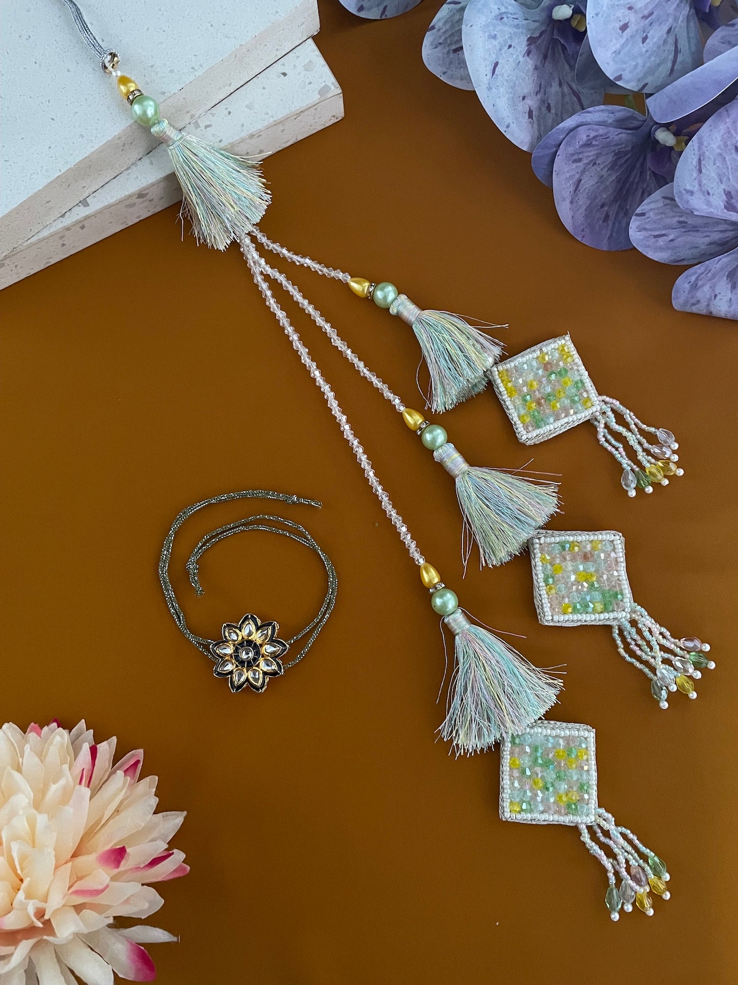 (Set of 2) Flower Kundan/Tassel Lumba Rakhi