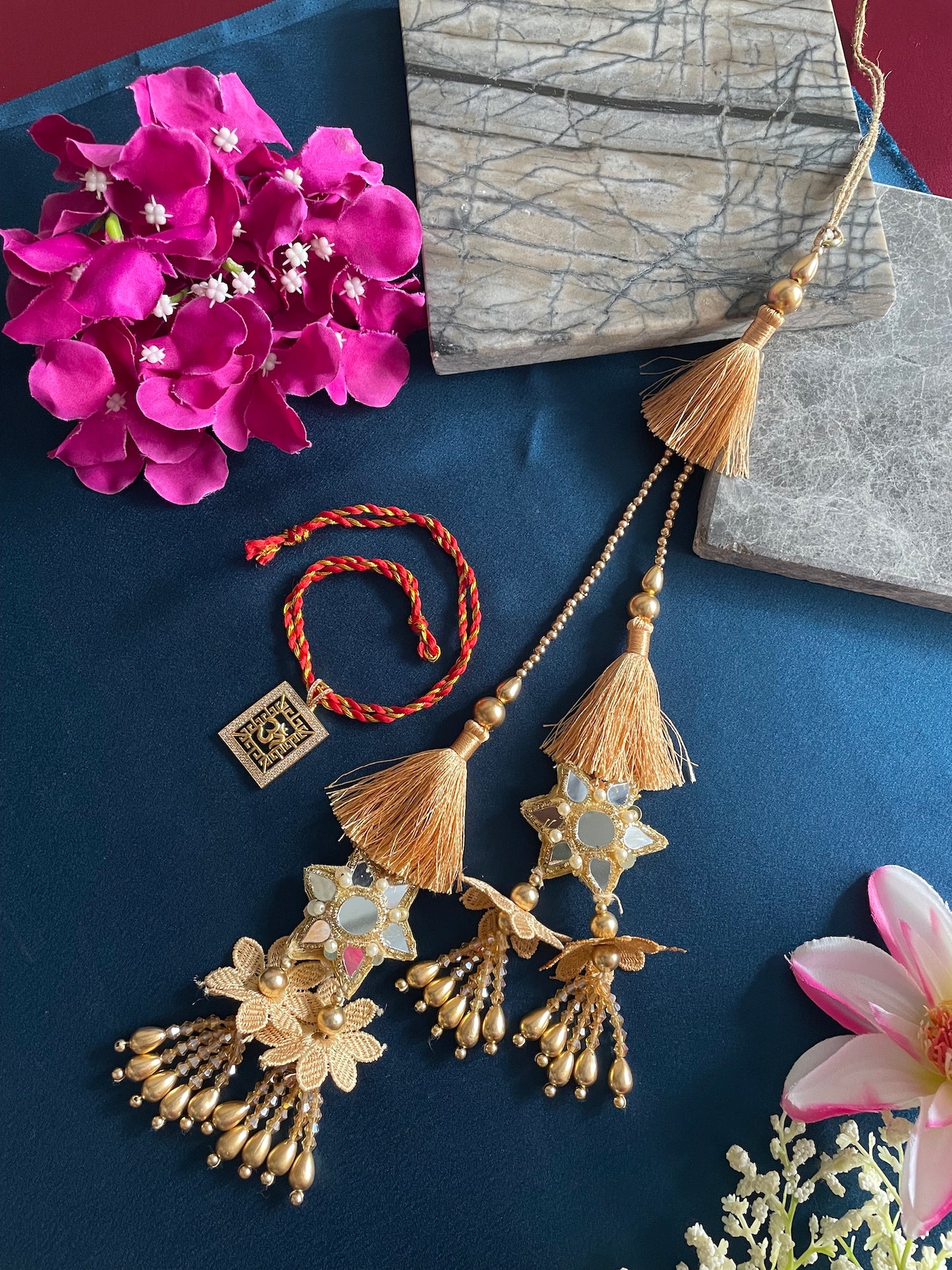 (Set of 2) OM Pendant/Mirror Work Lumba Rakhi