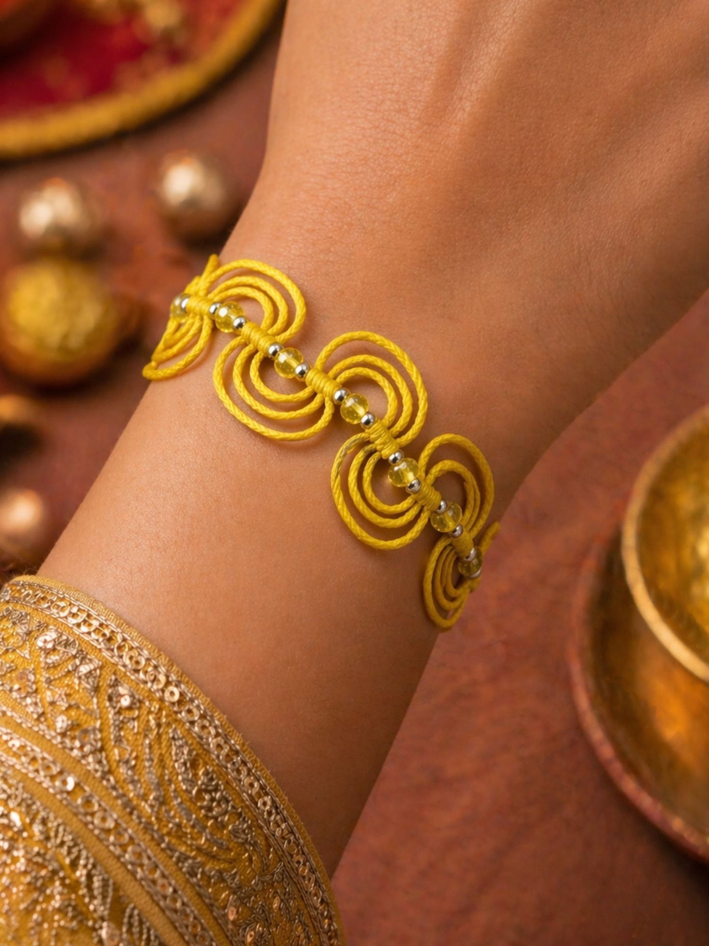 (Set of 2) Yellow Beaded Infinity Bracelet Rakhi For Bhai Bro