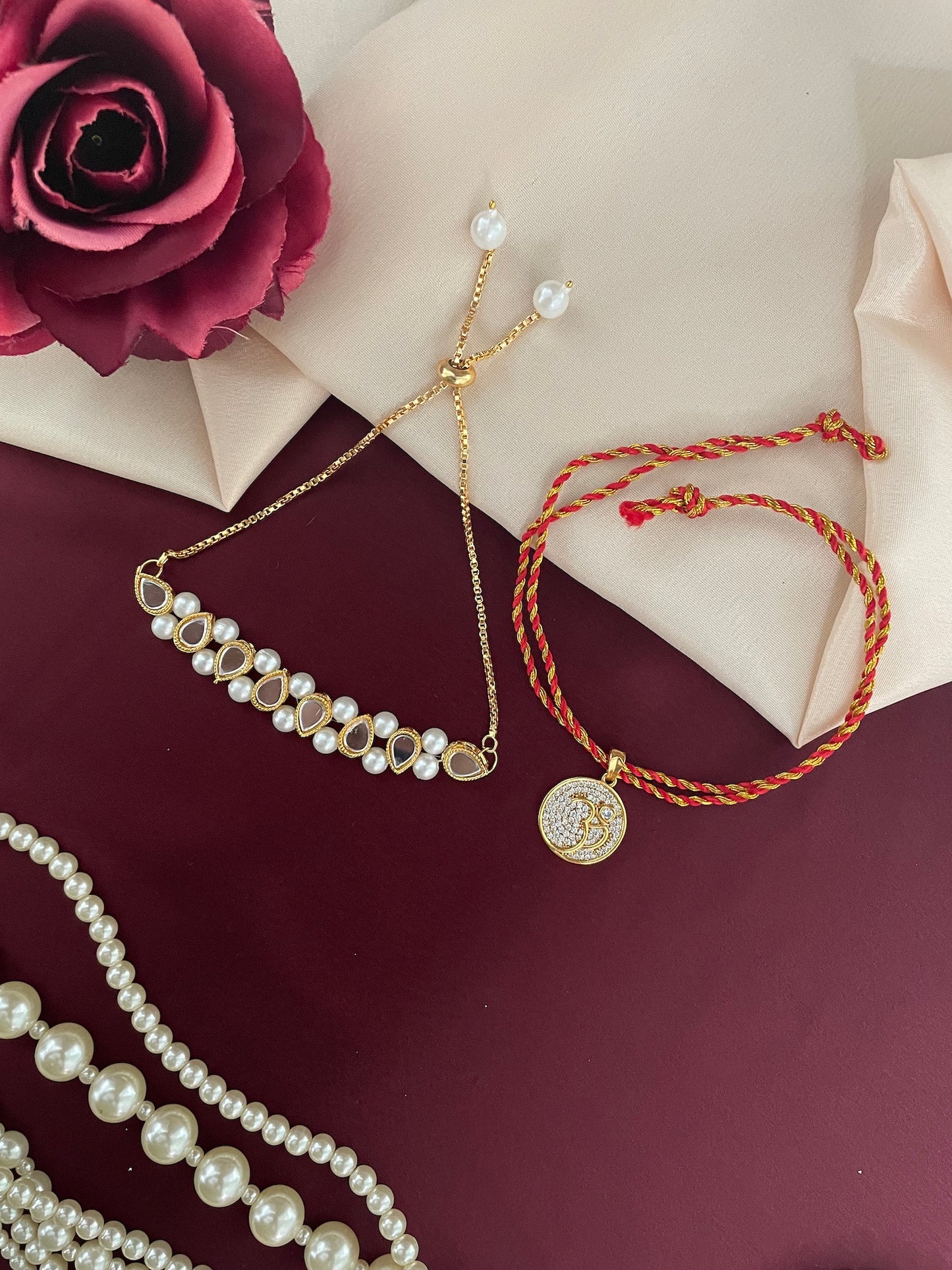 (Set of 2) AD OM/Pearl Bracelet Lumba Rakhi