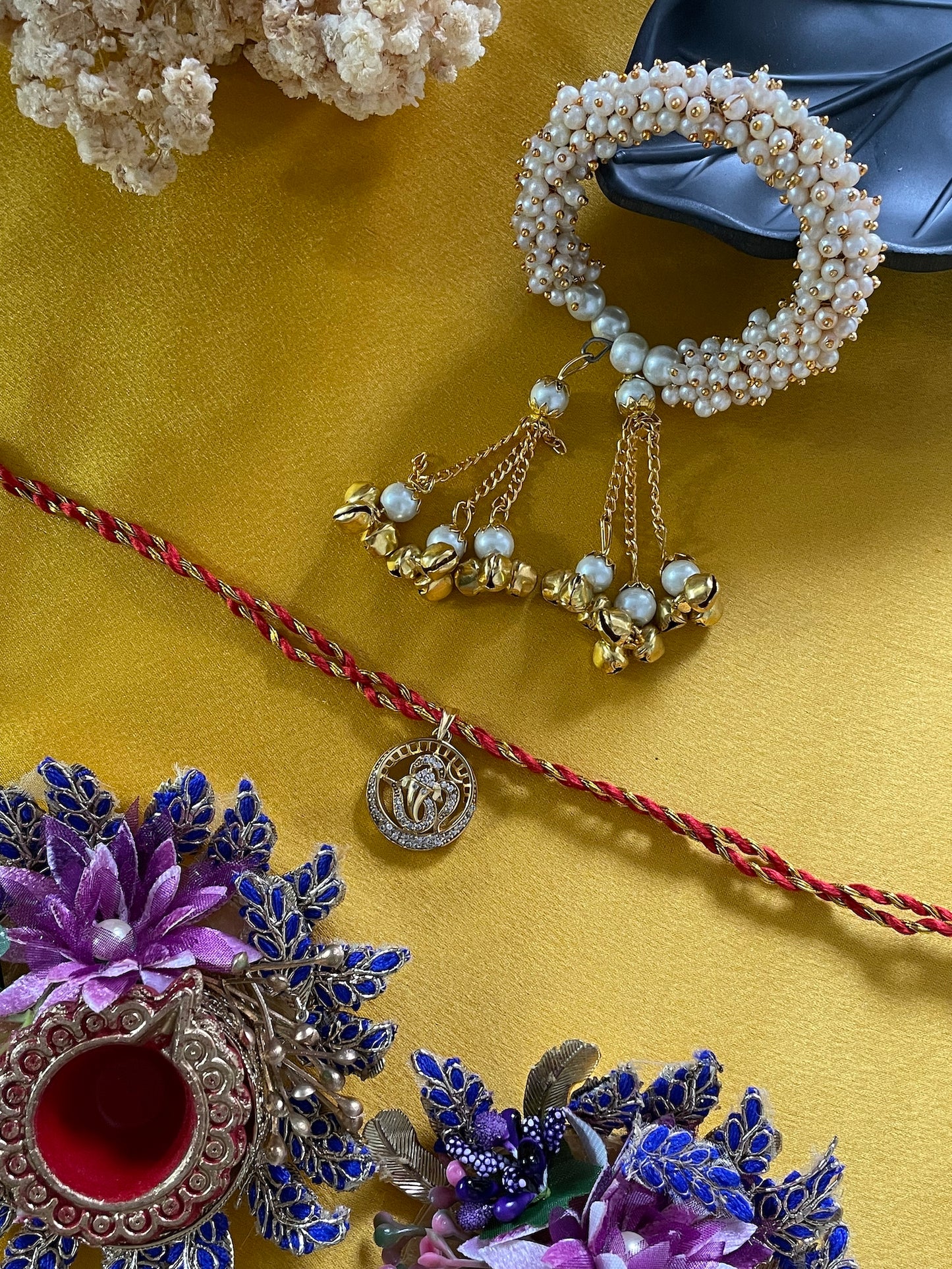 (Set of 2) Ganesha/Pearl Ghungroo Latkan Ka Lumba Rakhi