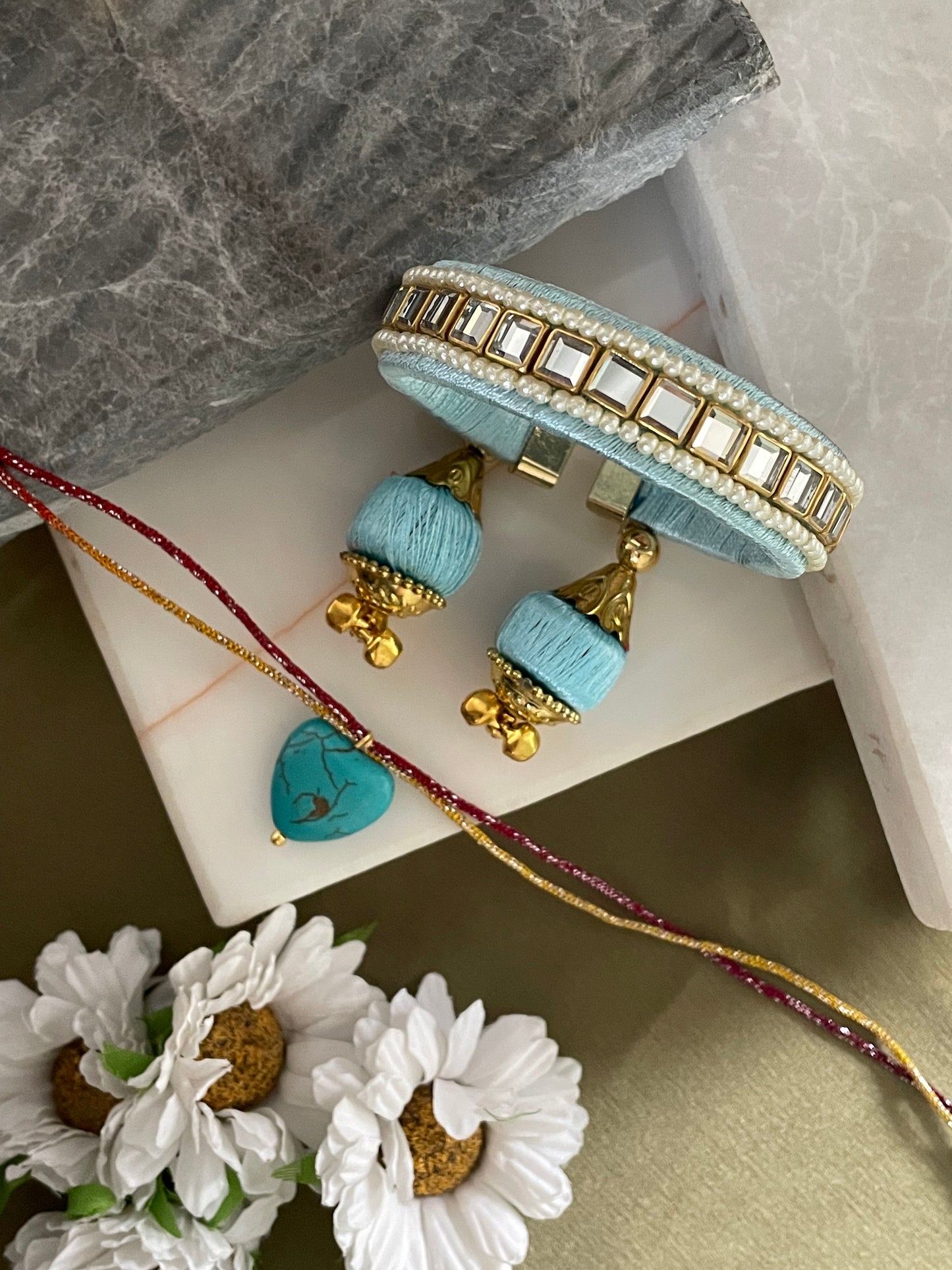 (Set of 2) Blue Turquoise Stone Heart/Mirror Ghungroo Lumba Rakhi