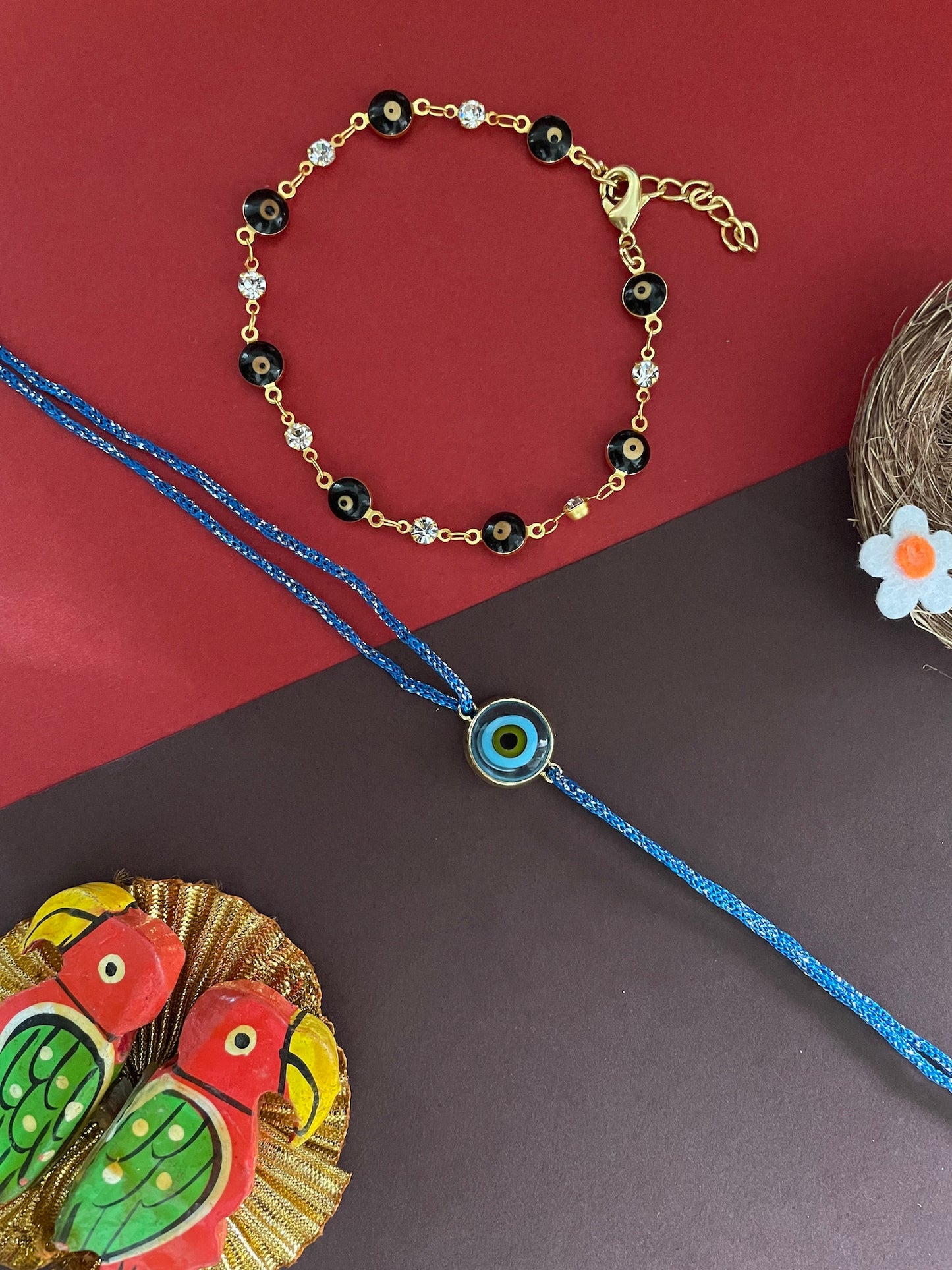 (Set of 2) Sky Blue/Black Evil Eye Charm Bracelet Rakhi Lumba