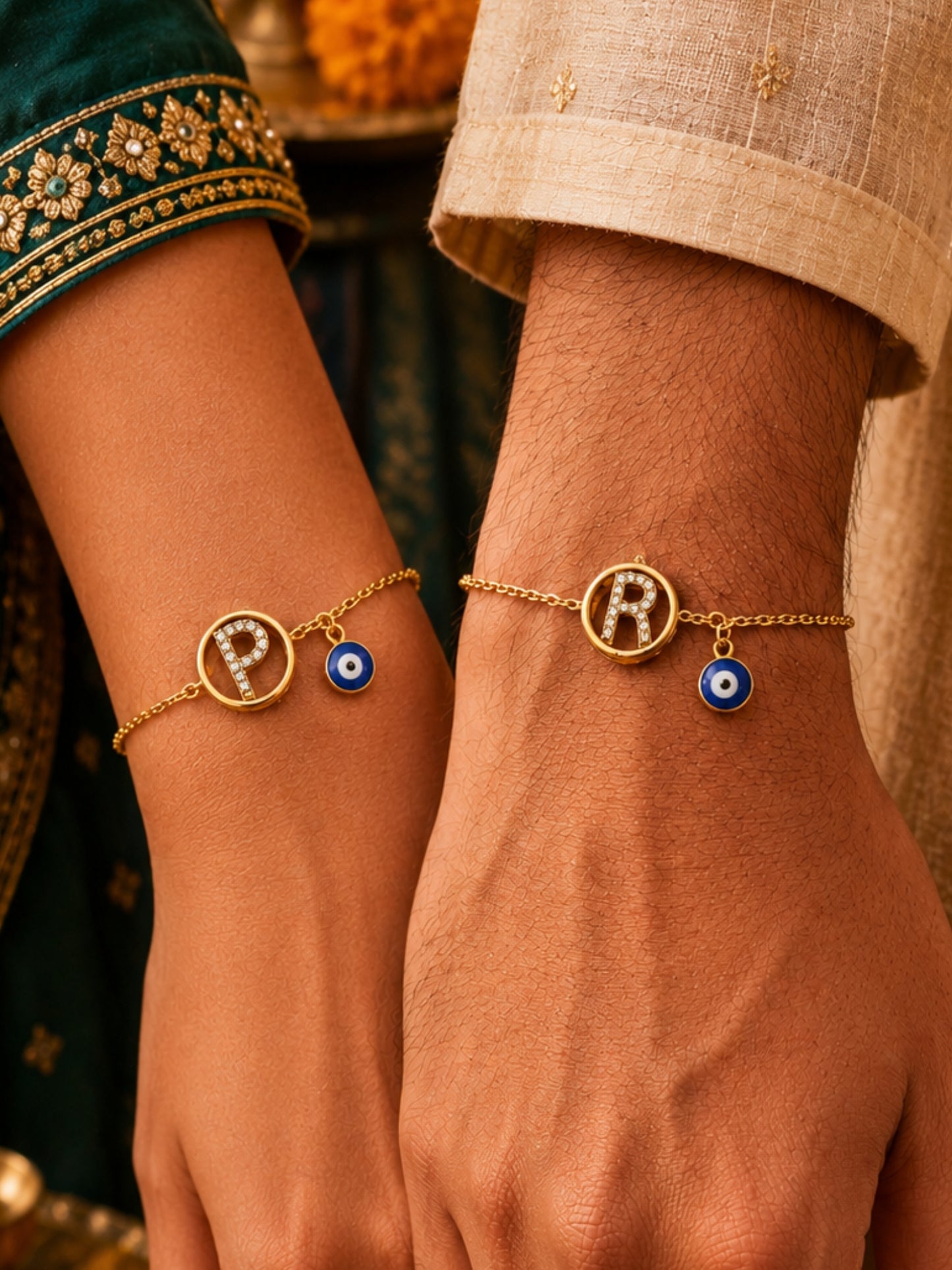 (Set of 2) A To Z Letter Round AD Blue Evil Eye Rakhi Bracelet Bhaiya Bhabhi