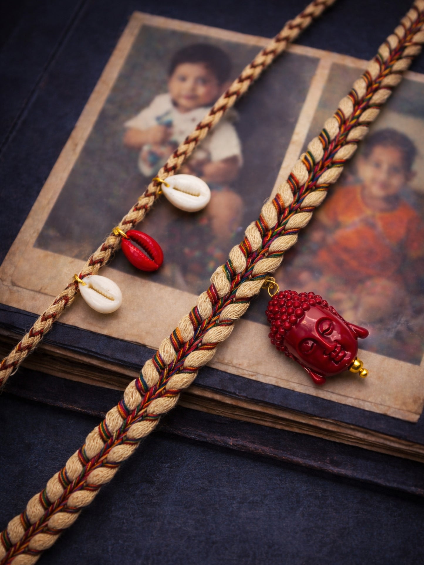 (Set of 2) Red Buddha Cowrie Shell Rakhi Bracelet for Bhai Bro