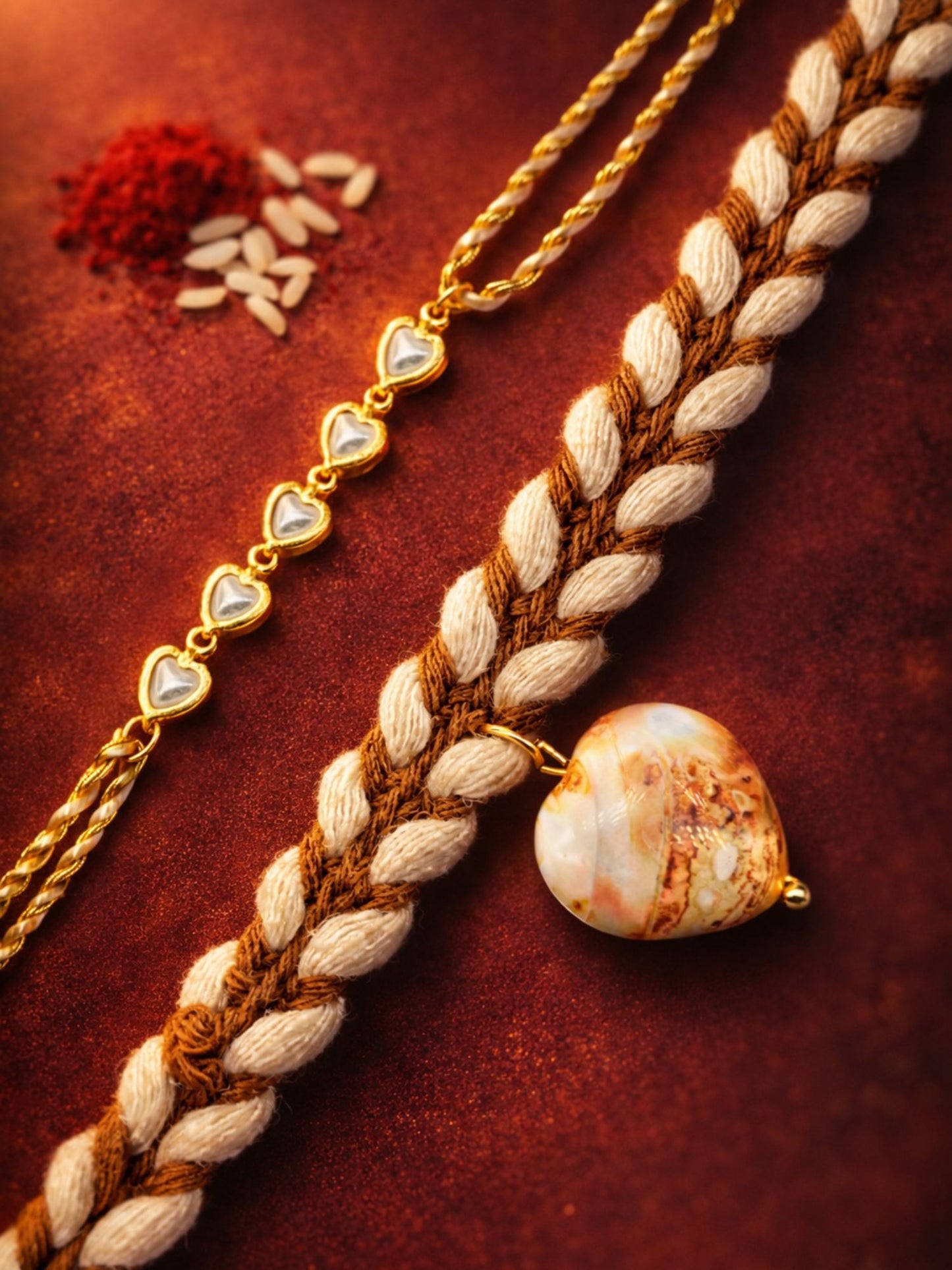 (Set of 2) Natural Stone Pearl Heart Bracelet For Bhaiya Bro