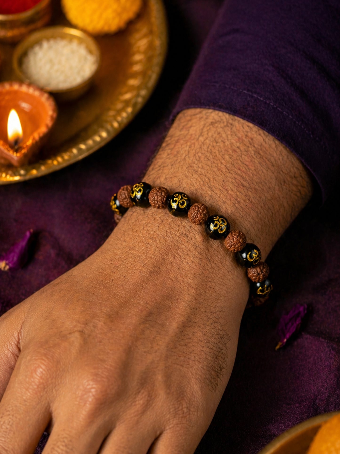(Set of 3) Om Swastik Rudraksha Beaded Bracelet Rakhi Bro