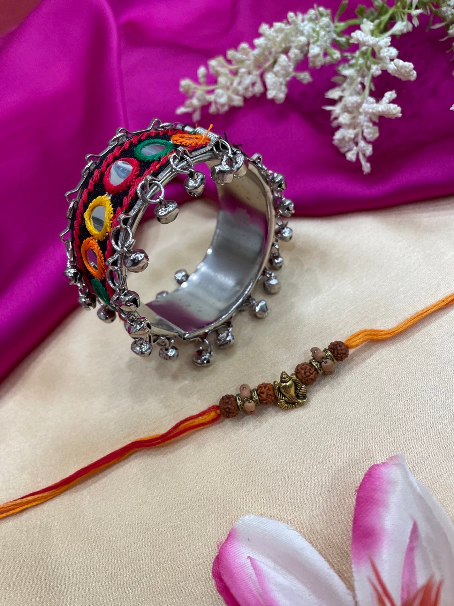 (Set of 2)Ganesha/Mirror Work With Ghungroo Lumba Rakhi