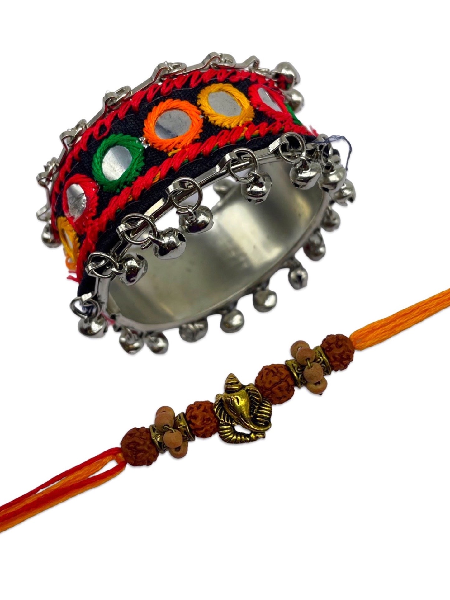 (Set of 2)Ganesha/Mirror Work With Ghungroo Lumba Rakhi