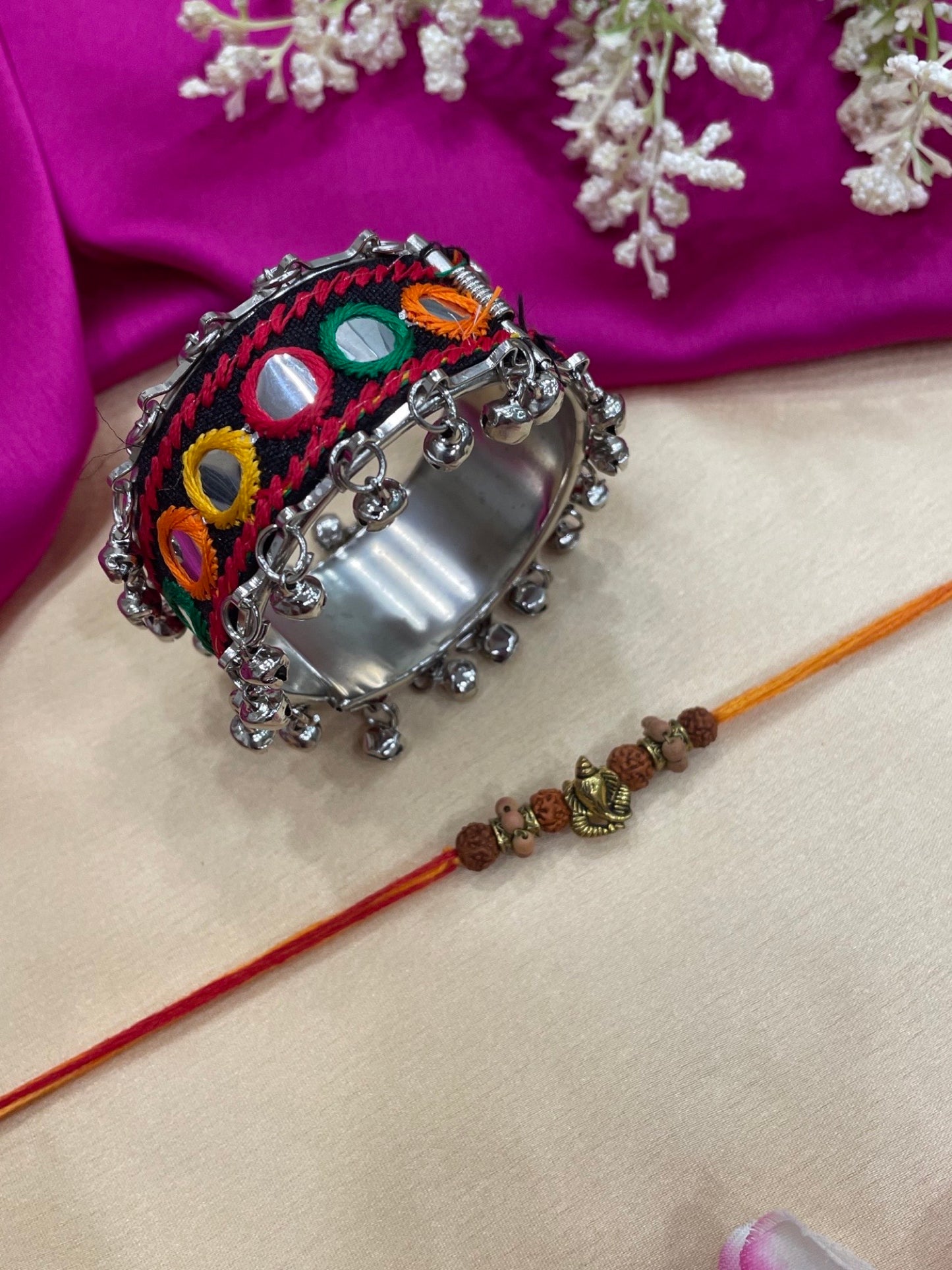 (Set of 2)Ganesha/Mirror Work With Ghungroo Lumba Rakhi