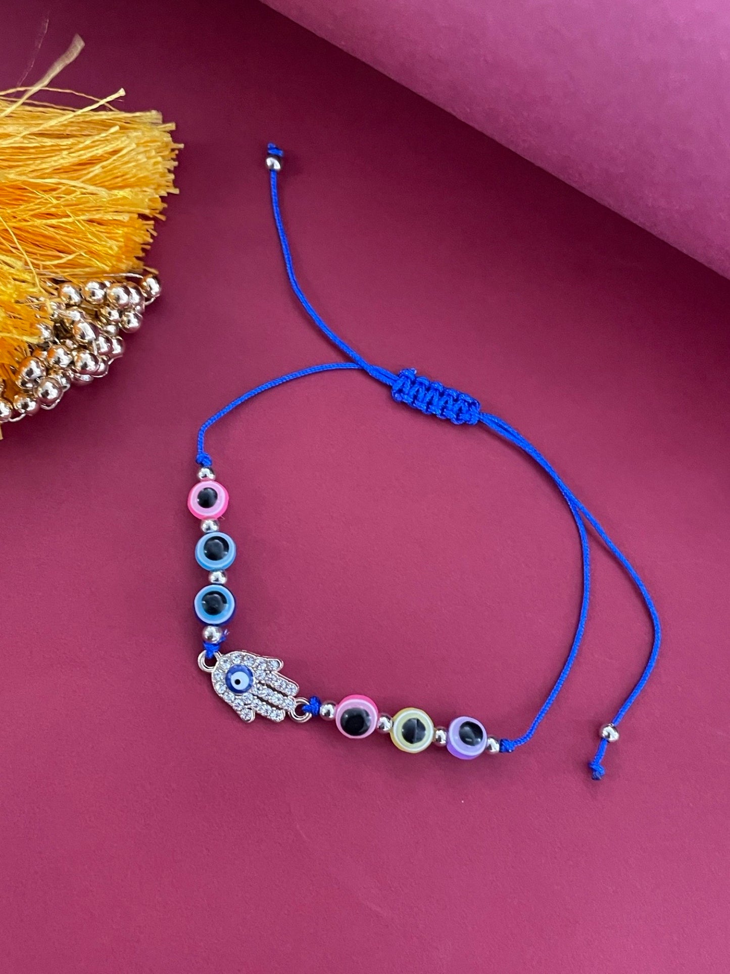 Gold Plated Hamsa & Multicolor Evil Eye Rakhi Bracelet for Raksha Bandhan