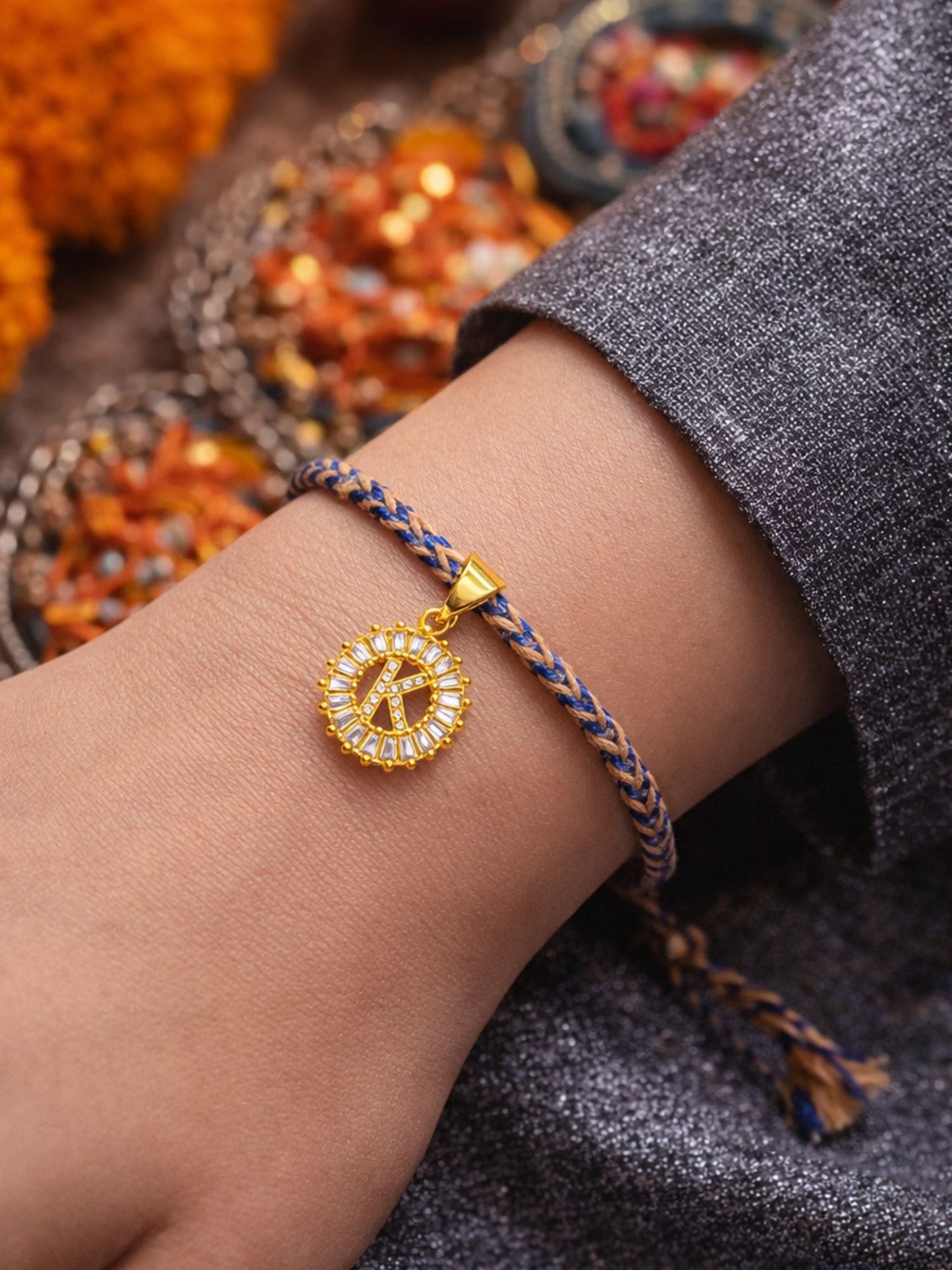 A TO Z Alphabet American Diamond Charm Initial Name Lumba Rakhi Bracelet For Bhaiya Bhabhi