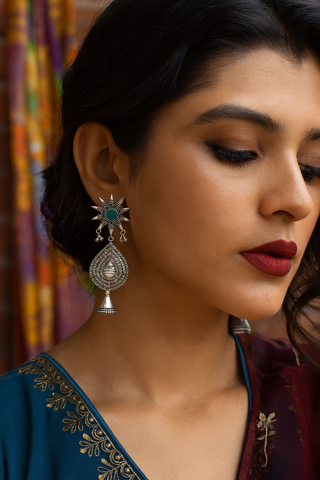 German Oxidized Silver Earrings Antique Look Ethnic Art Stones Studded  Danglers