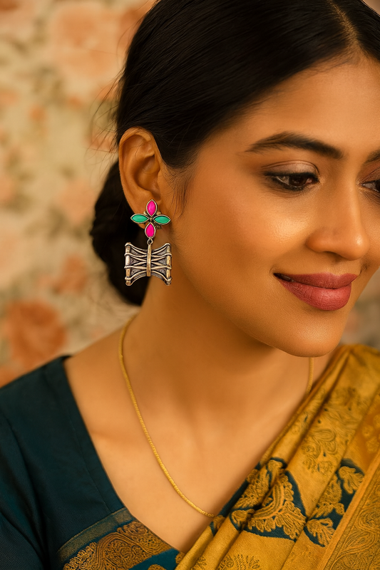 German Oxidized Silver Earrings for Women Flower Designs with Damru