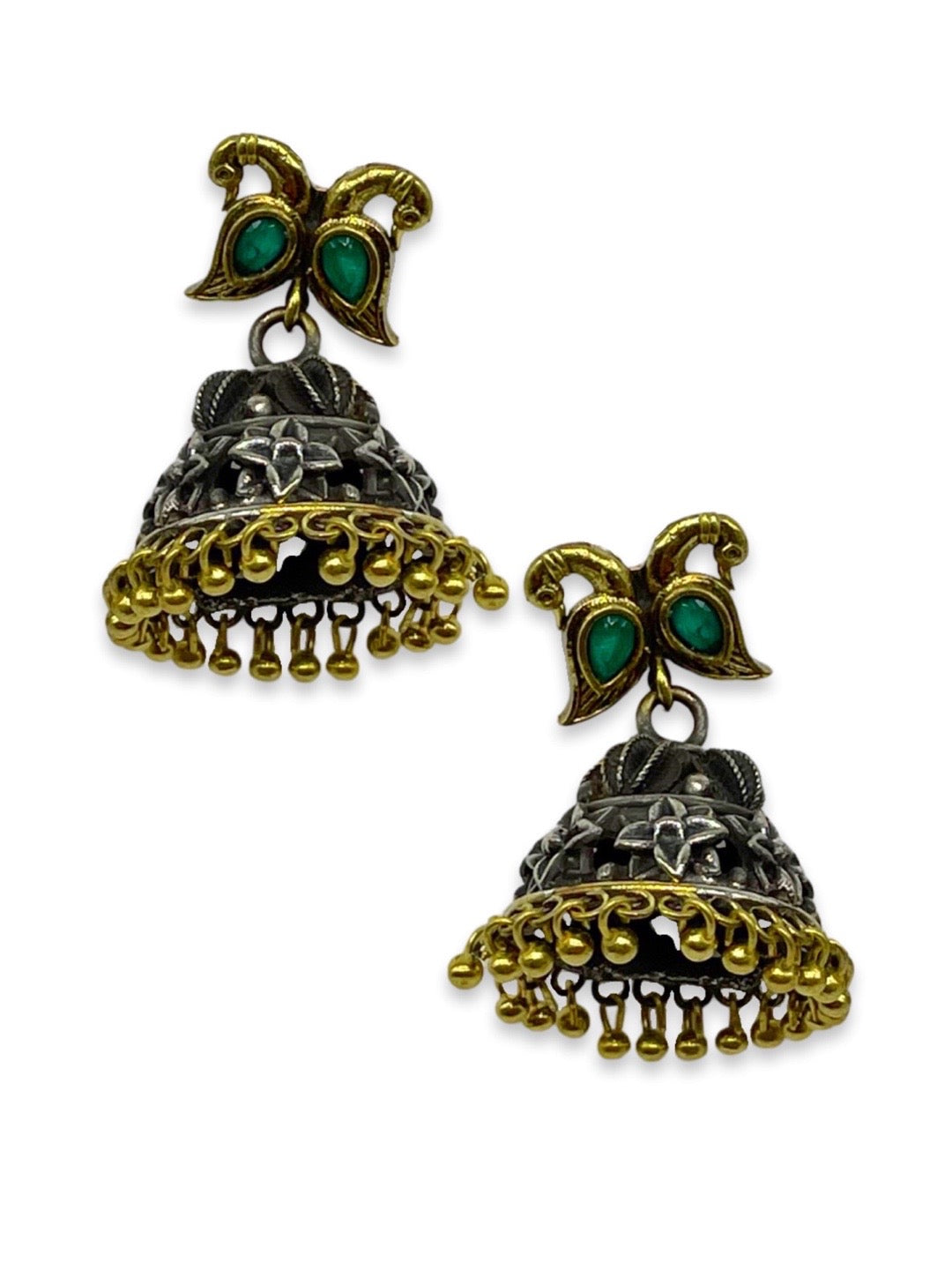 Gold & Silver Jhumka Earrings with Green Stones