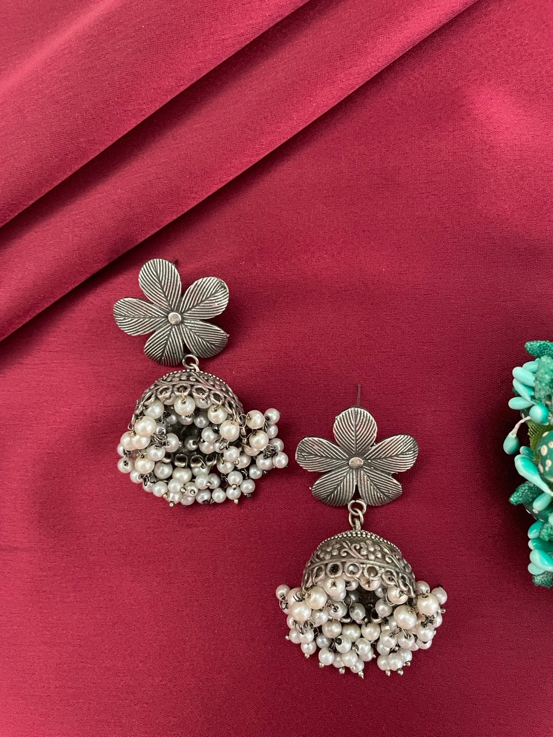 Jhumka Earring Floral Design With Pearls