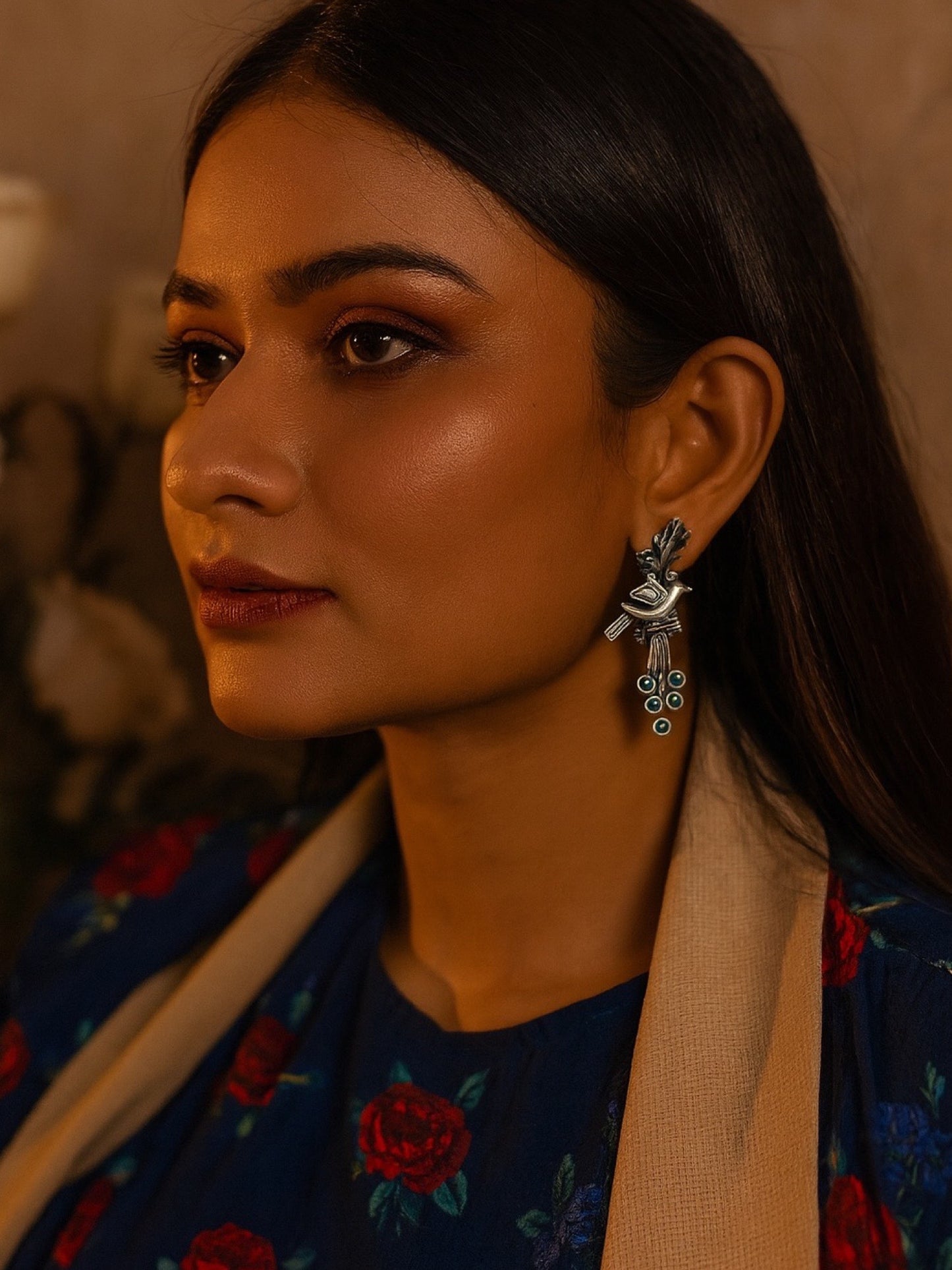 Stud Earring Peacock/Green Stone Design