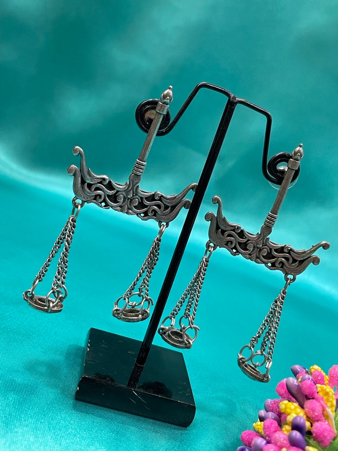 Mogul German Oxidized Silver Dangle Earrings Tarazu Style