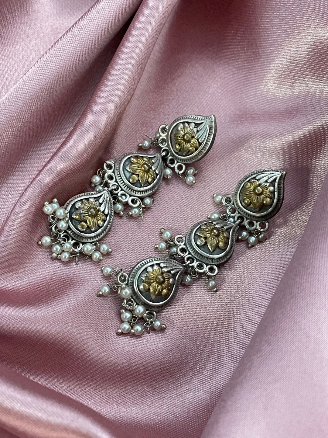 Drop Earrings 3 Layer Floral Designs With Pearl Gold & Silver Polish Earring