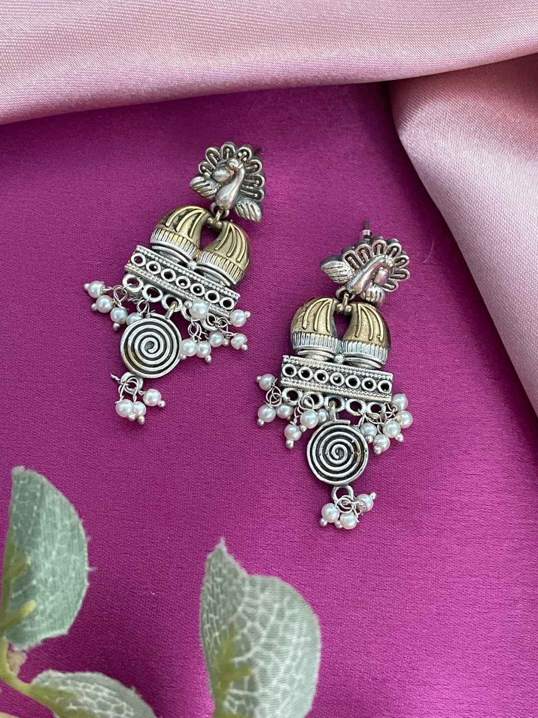 Chandelier Earrings Peacock Designs With Pearl Gold & Silver Polish for Women