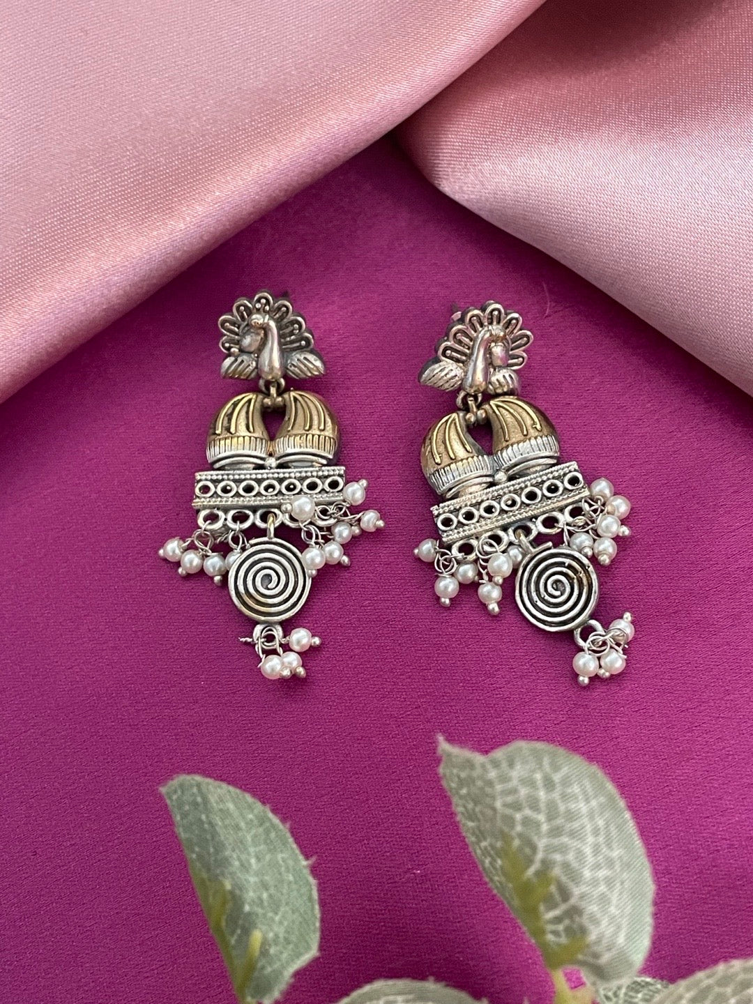 Chandelier Earrings Peacock Designs With Pearl Gold & Silver Polish for Women