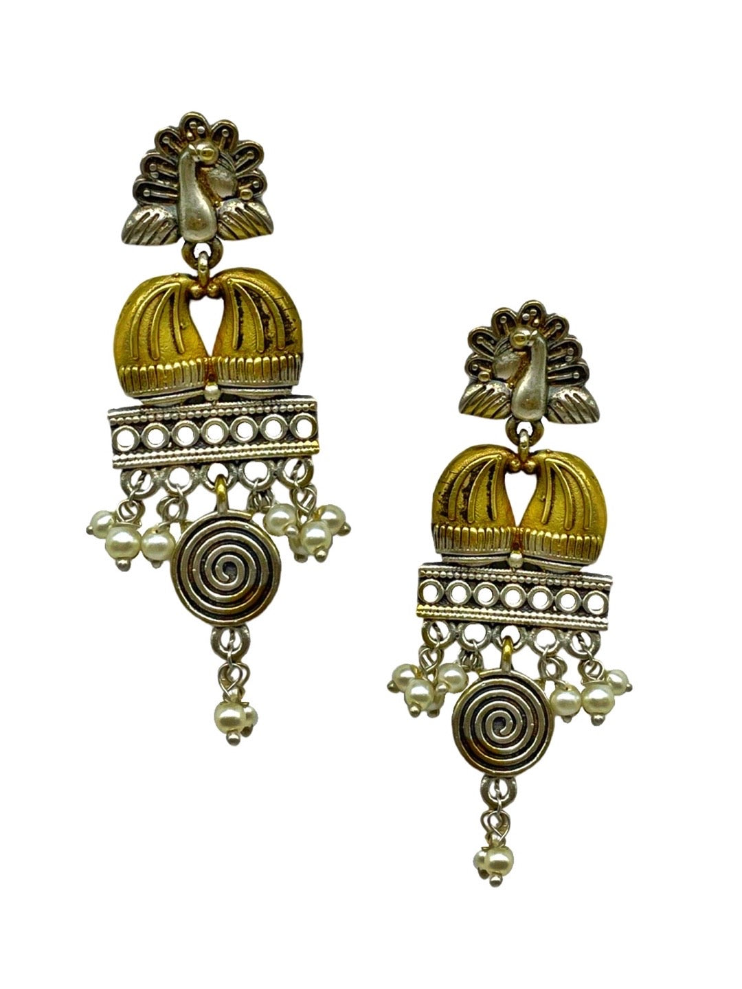 Chandelier Earrings Peacock Designs With Pearl Gold & Silver Polish for Women