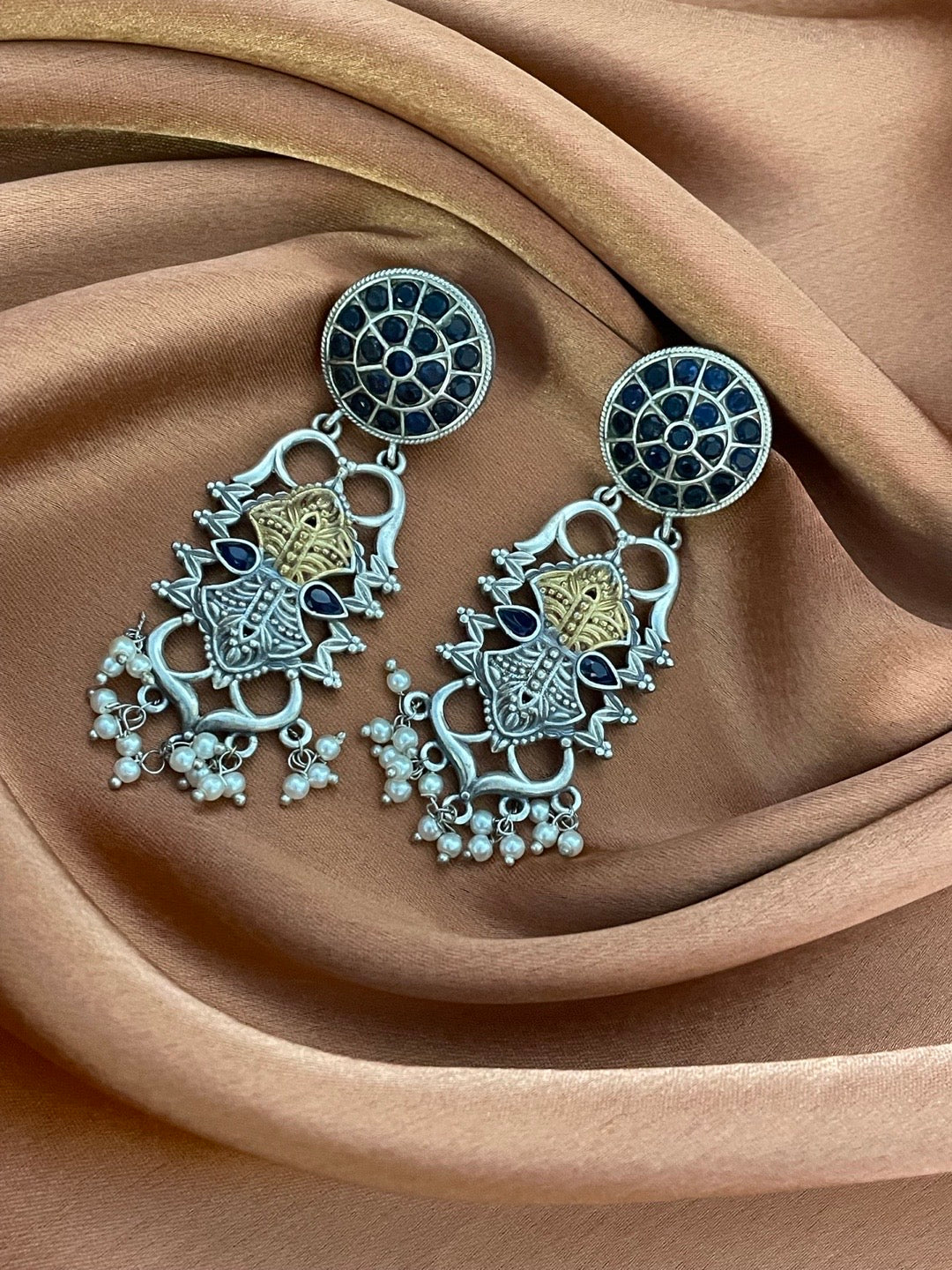 Chandelier Earring Floral Design Blue Enamel With Pearl Gold Silver Polish