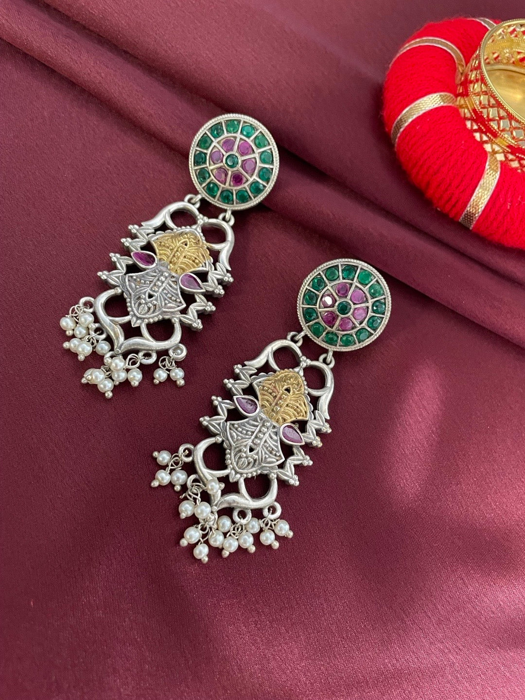 Chandelier Earring Floral Design Multi Enamel & Pearl Gold Silver Polish Earring